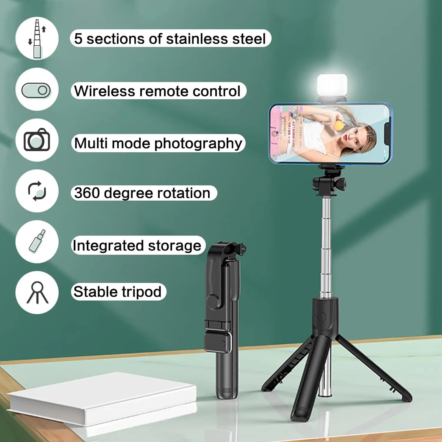 Selfie Stick with Fill Light Extendable Selfie Stick Tripod with Wireless Remote and Phone Holder Group Selfies For All phones