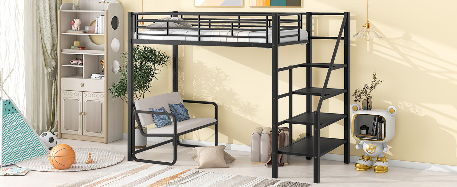 Twin Size Metal Loft Bed with Bench and Storage Staircase Black