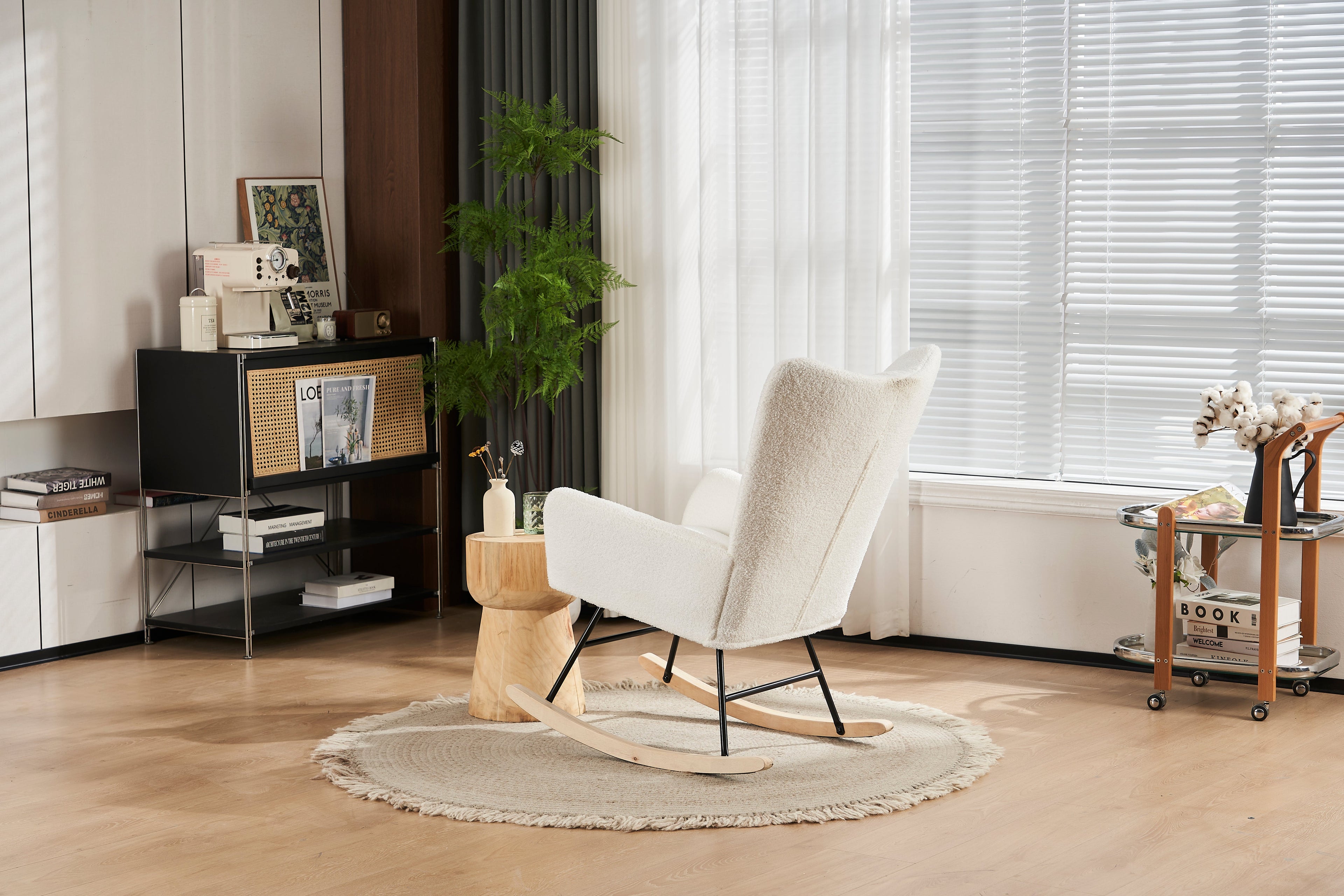 Rocking Chair Nursery solid wood leg reading chair Teddy fabric cushion with Nap armchair white Teddy fabric