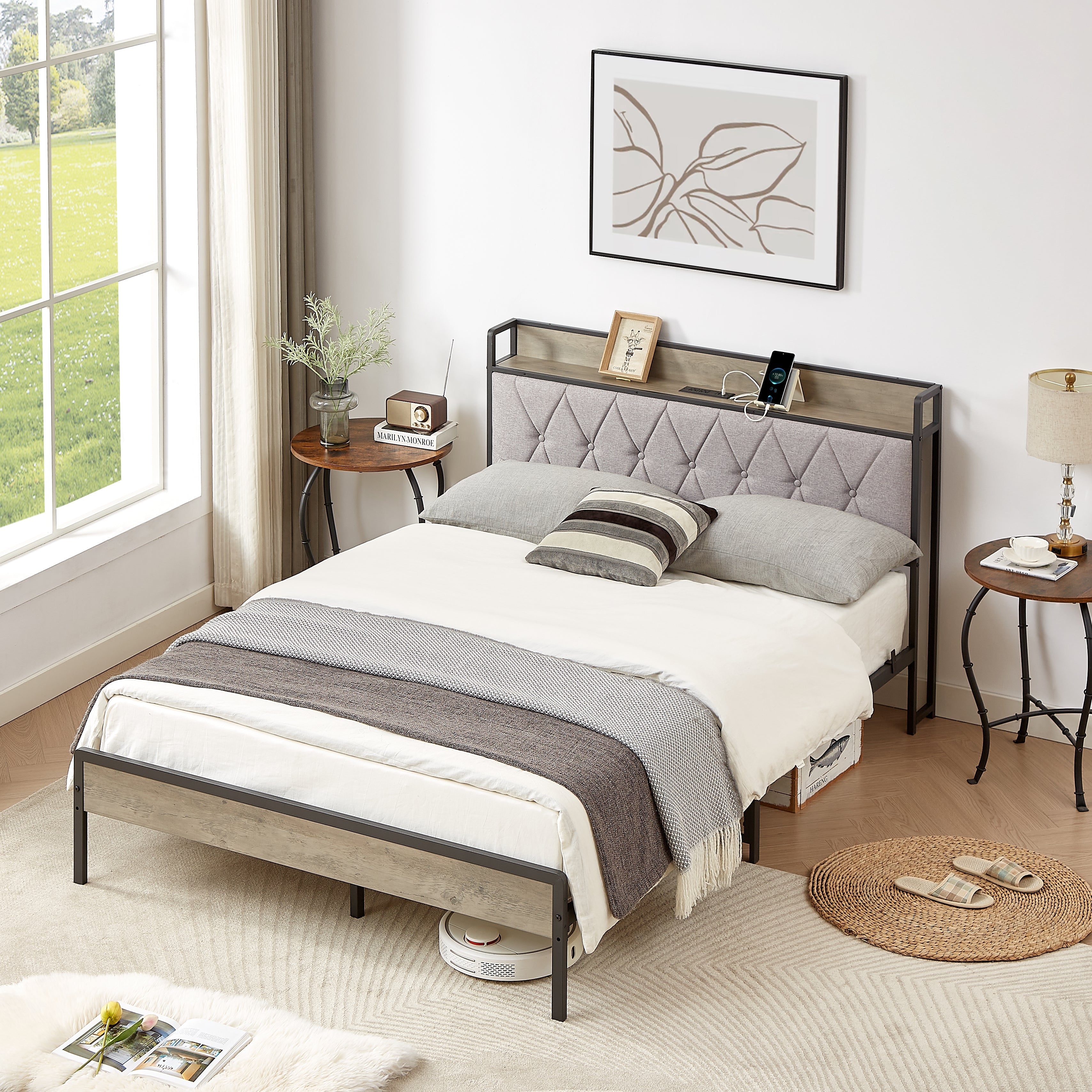 Bed frame with charging station full size, Grey, 83.1&