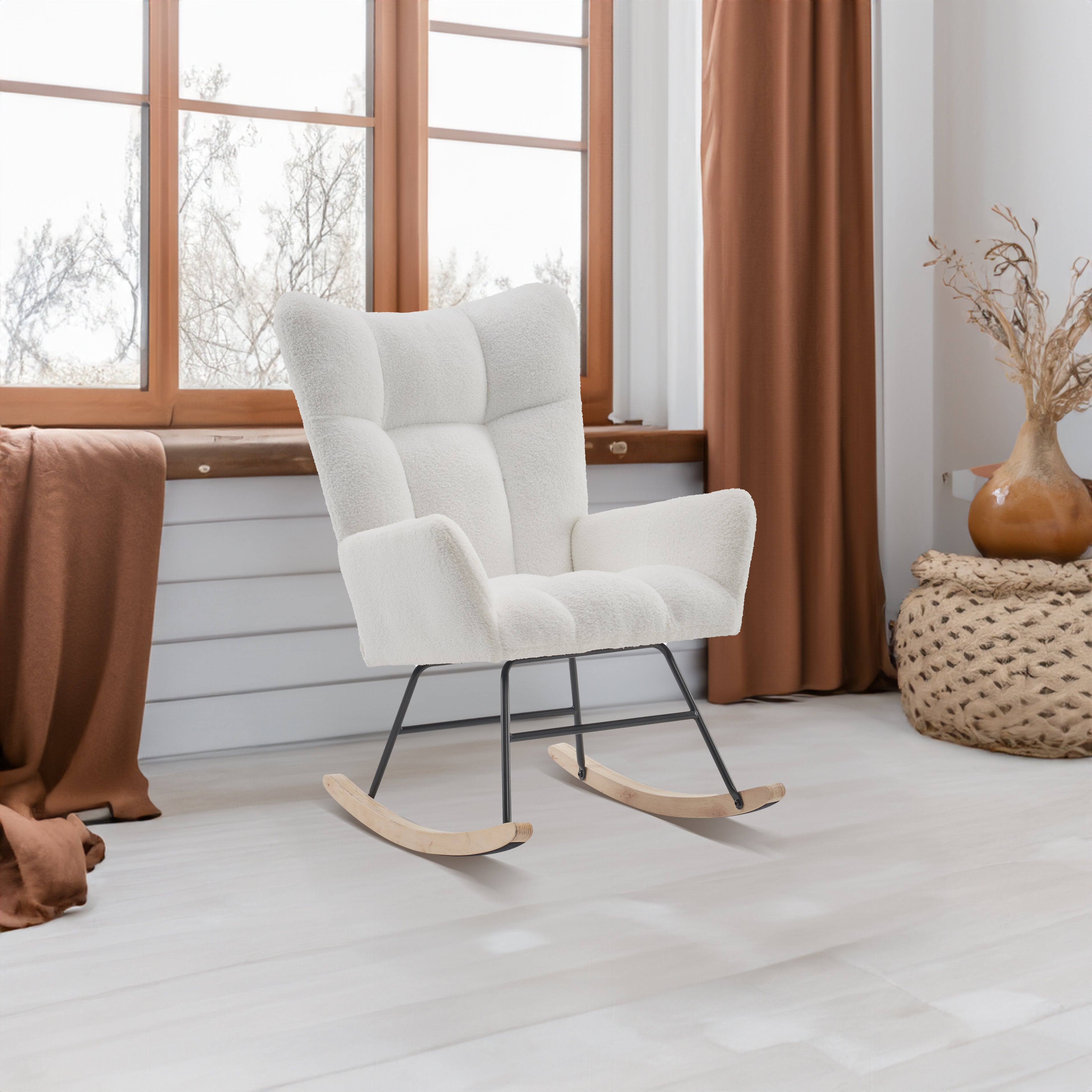 Rocking Chair Nursery solid wood leg reading chair Teddy fabric cushion with Nap armchair white Teddy fabric