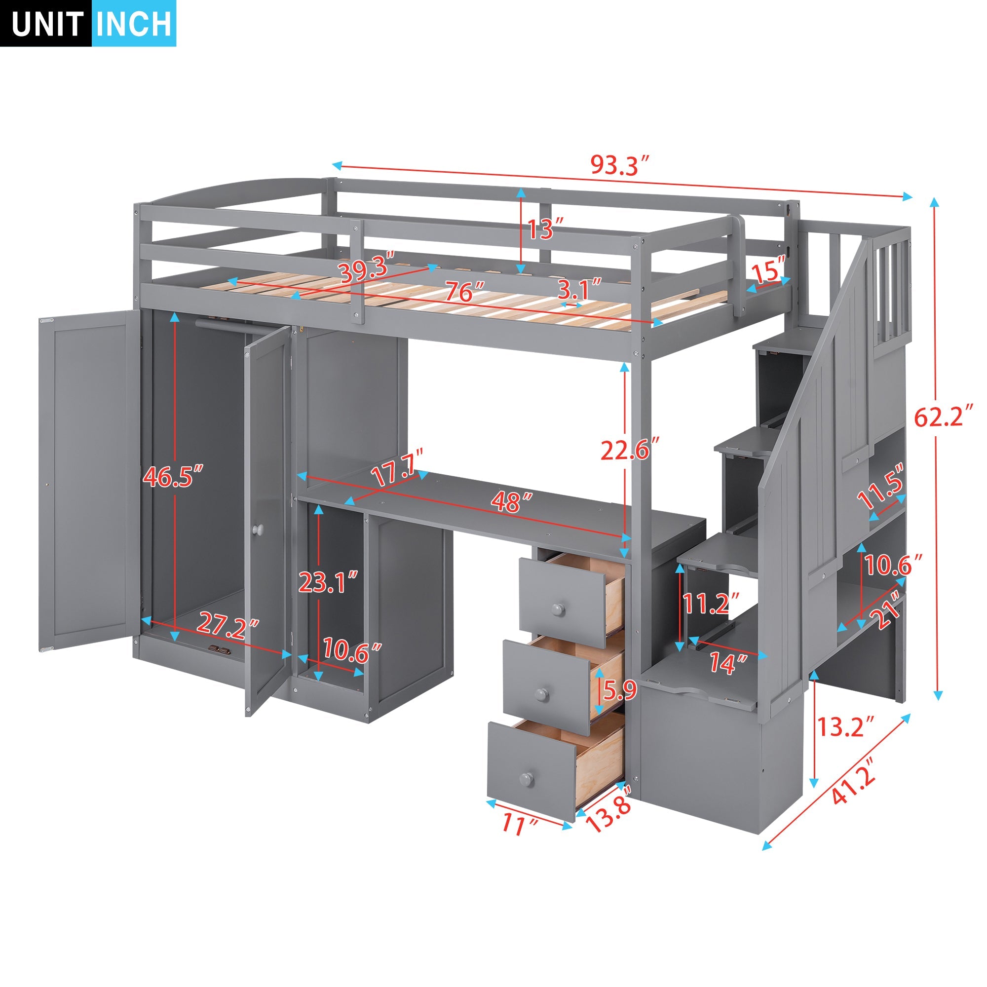 Twin Size Loft Bed with Wardrobe and Staircase Desk and Storage Drawers and Cabinet in 1 Gray