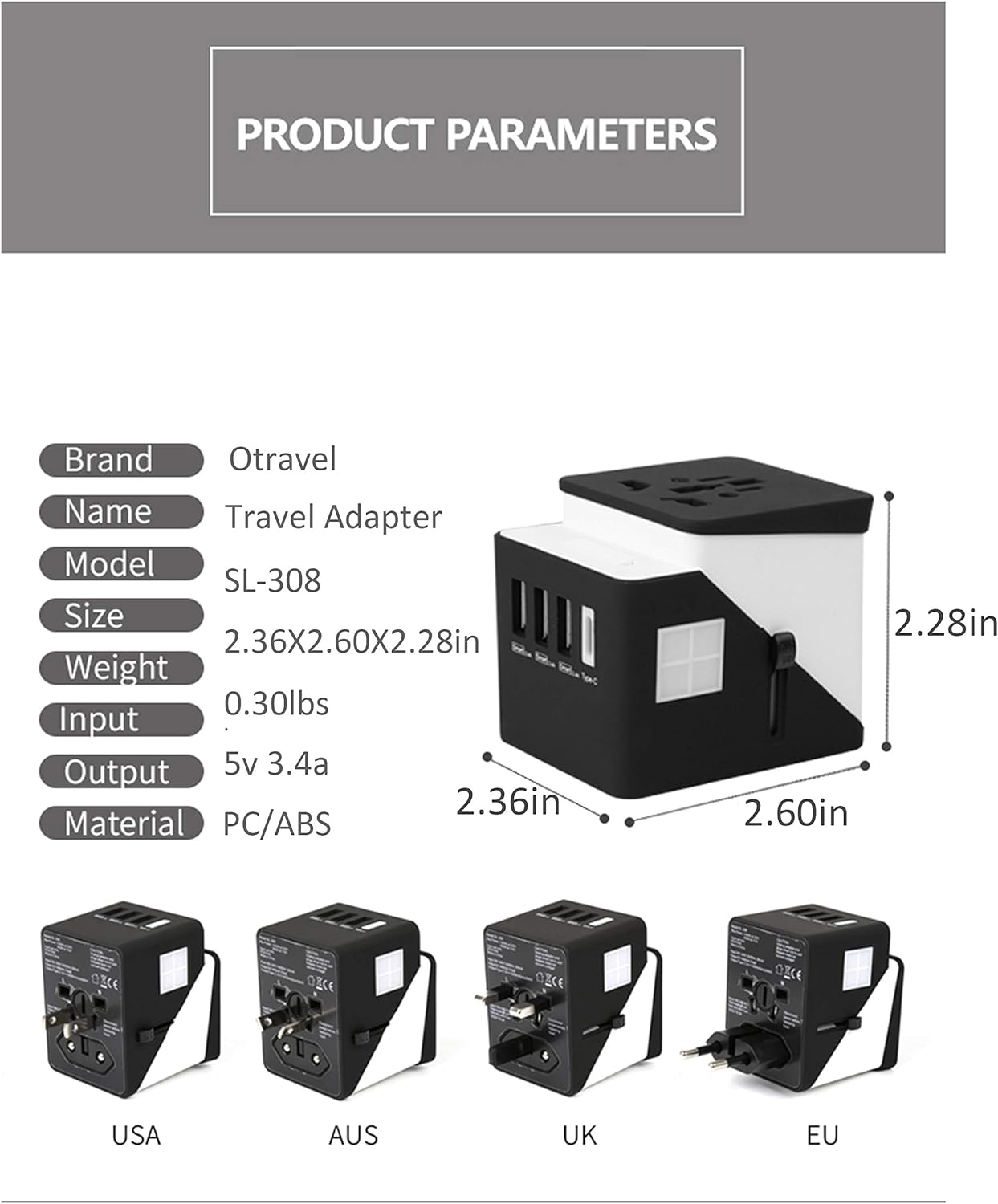 2019 , 3 USB + 1 Typc C International Power Adapter for Europe, UK, China, Australia, Japan and More 200 Countries Black Green