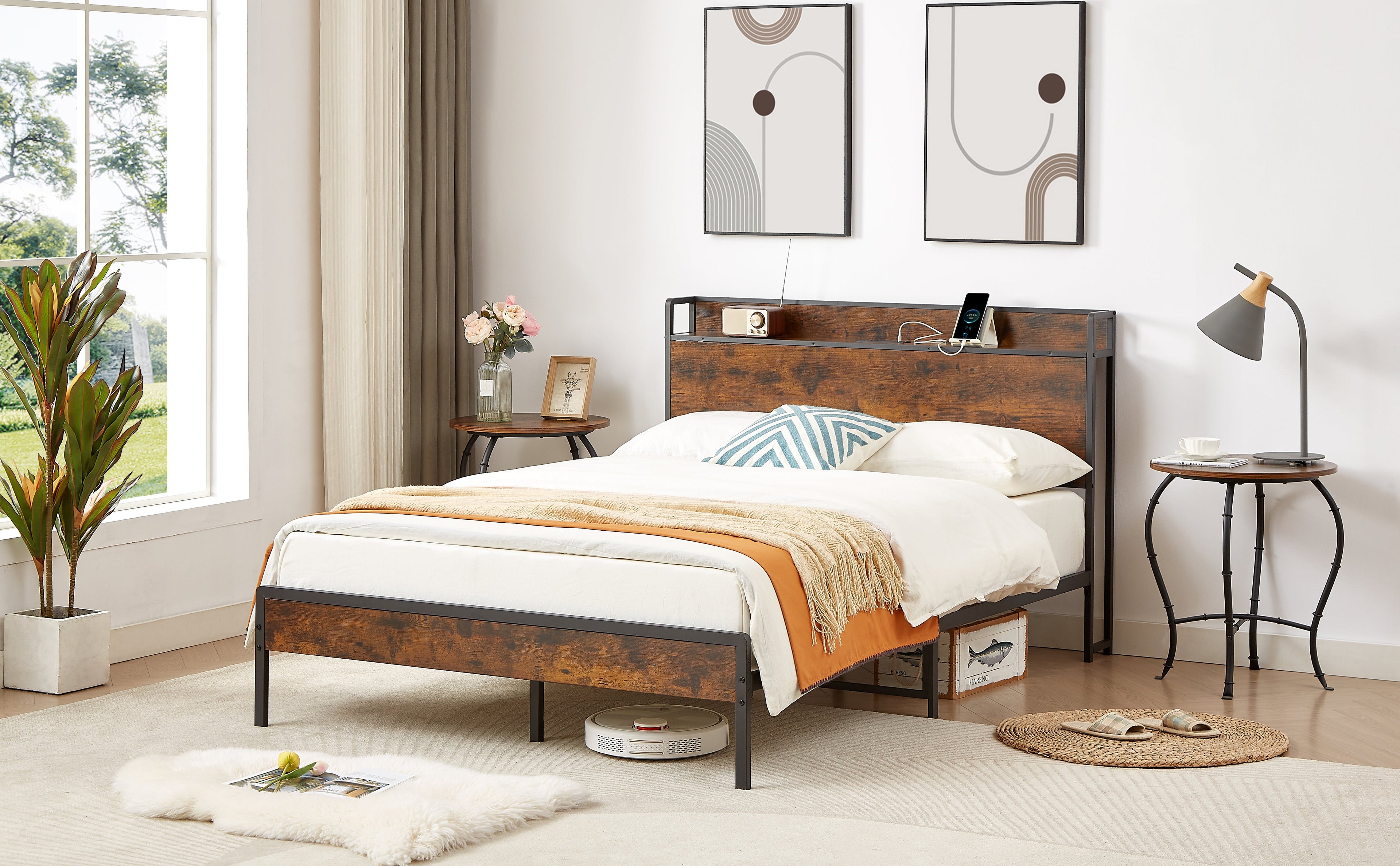 Bed frame with charging station full size, Rustic Brown, 83.1&