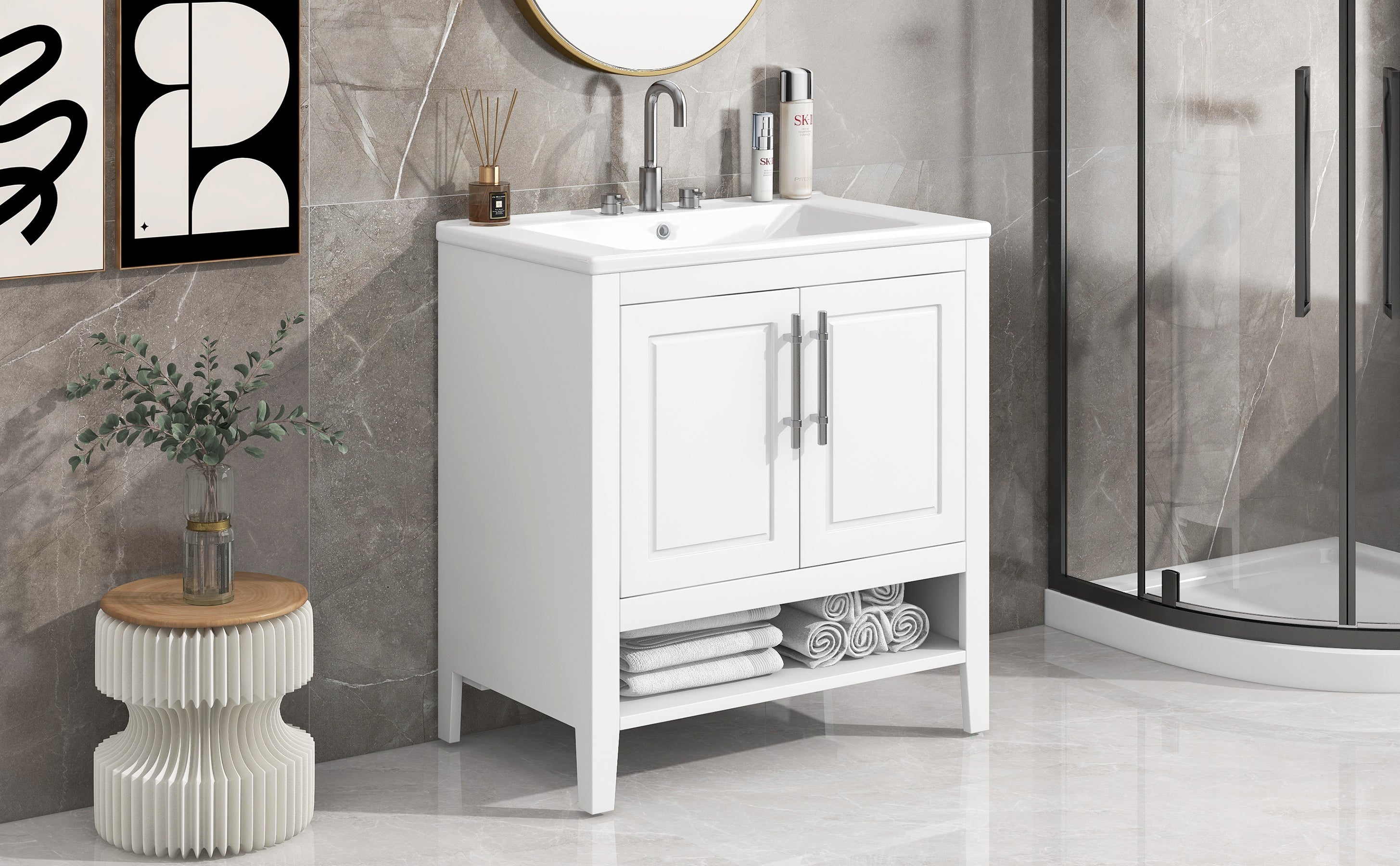 30" Bathroom Vanity with Sink Multi-functional Bathroom Cabinet with Doors and Drawers Solid Frame and MDF Board, White