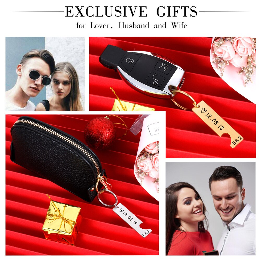Personalized Heart Keychain Set Engraved King Date and Name Love Keyring Gift for Couples Girlfriend Boyfriends Key Chain Rings