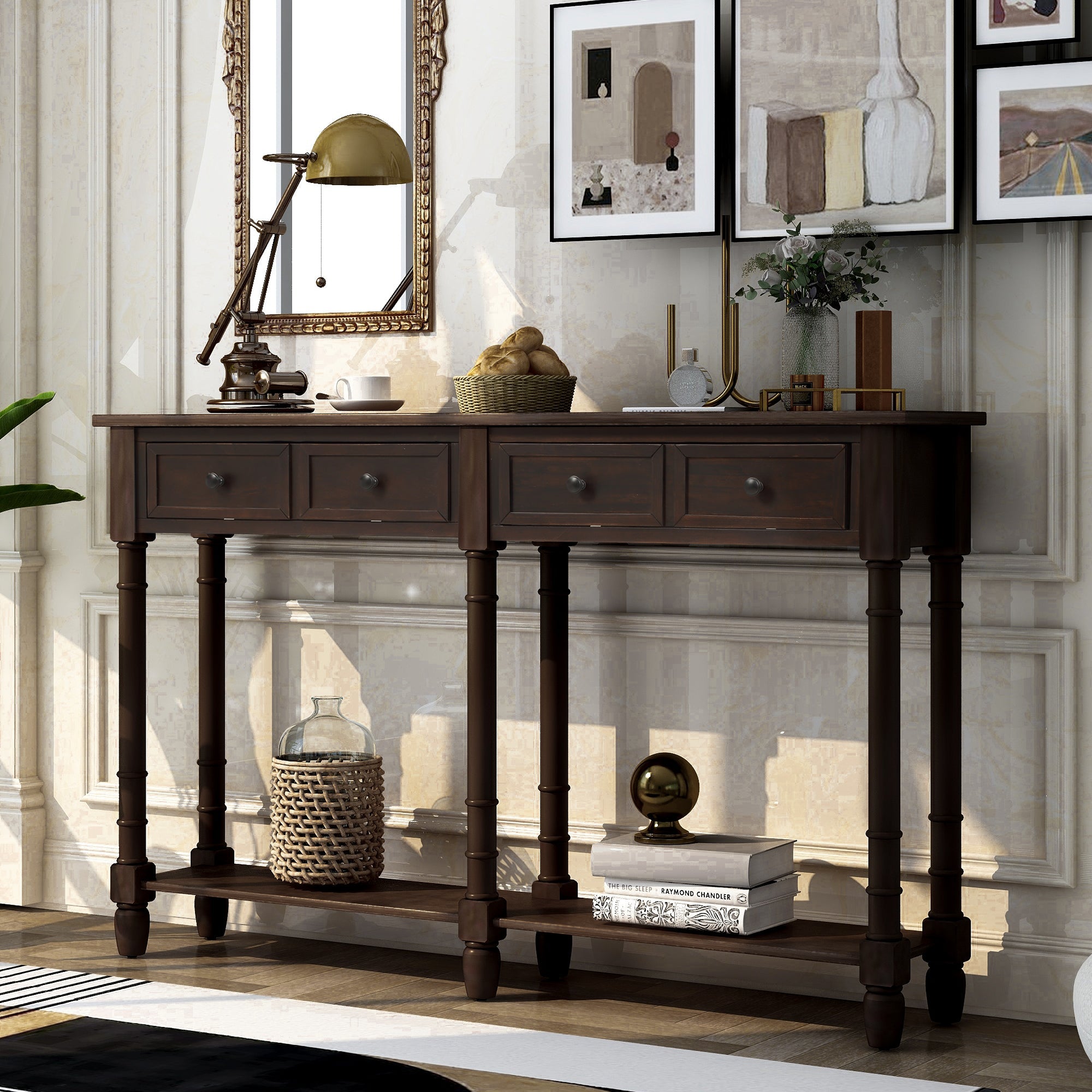 TREXM Console Table Sofa Table Easy Assembly with Two Storage Drawers and Bottom Shelf for Living Room Entryway (Espresso)