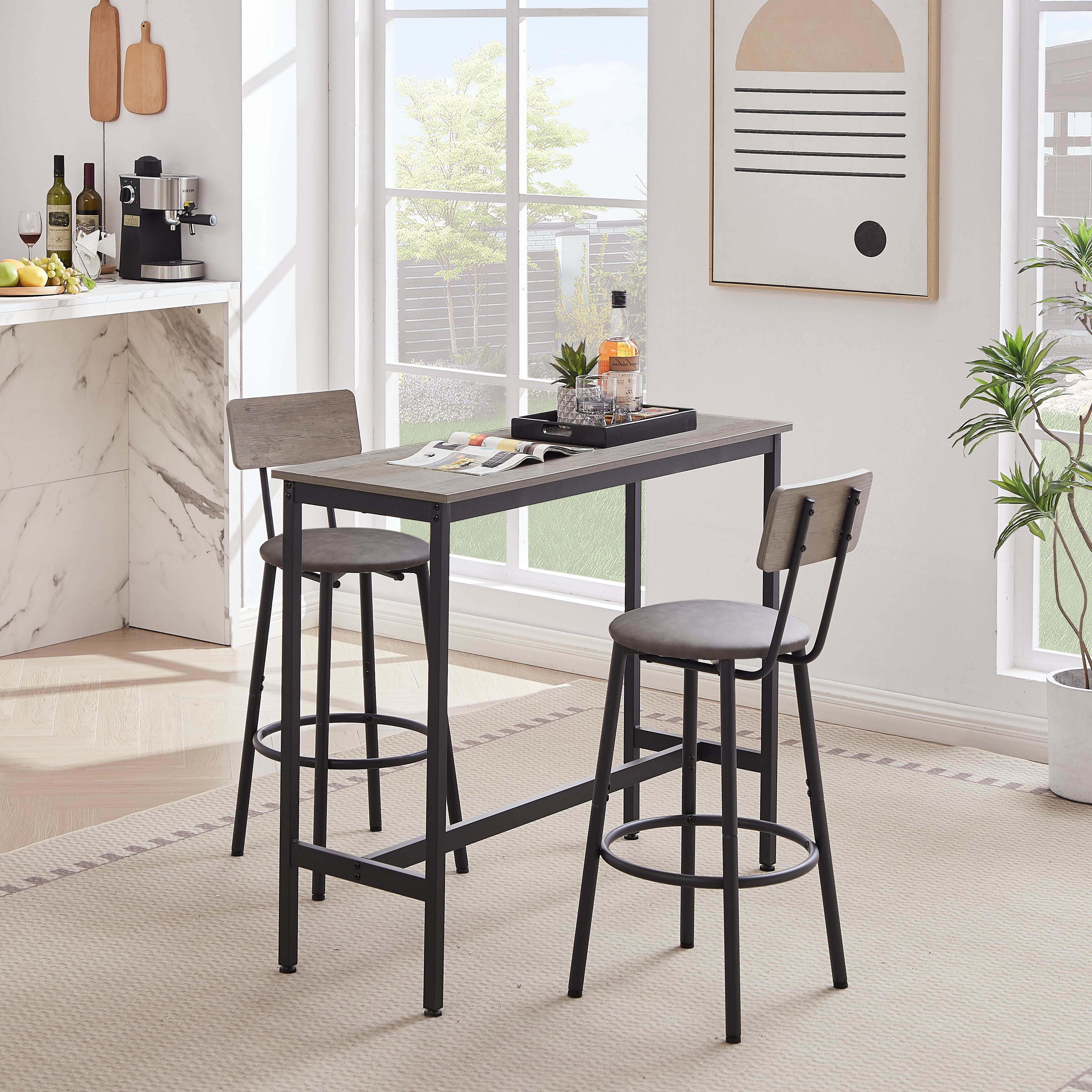 Bar Table Set with 2 Bar stools PU Soft seat with backrest Grey 43.31&