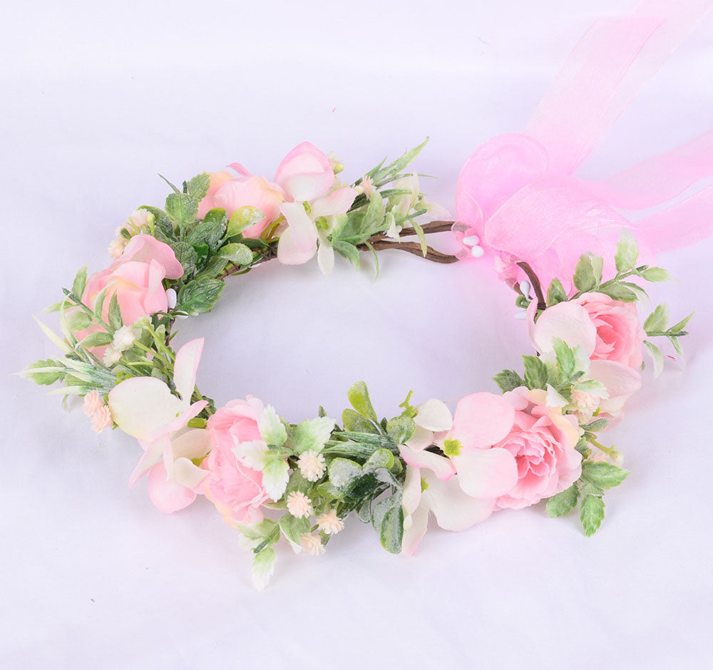Spring flower wreath, fresh simulation flower headdress, green plants, flowers, crown, bride&