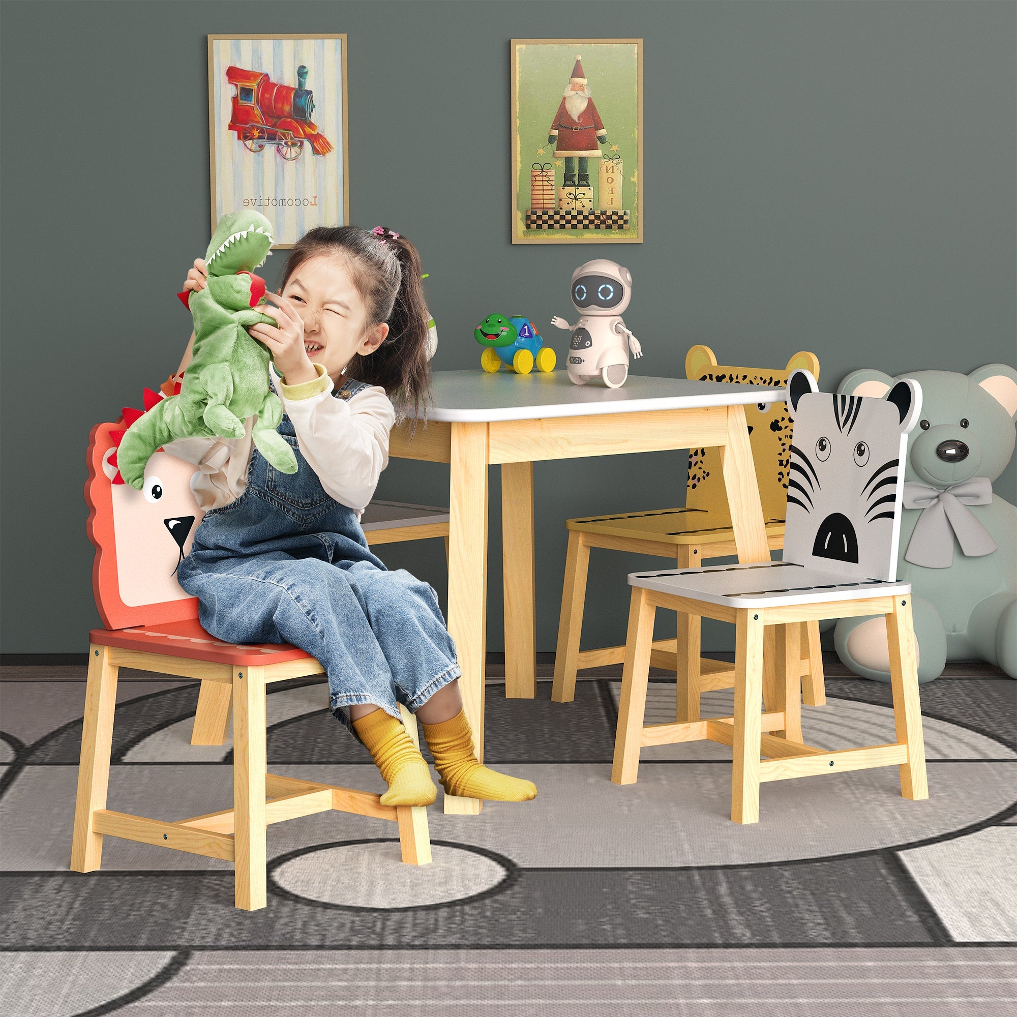 5 Piece Kiddy Table and Chair Set Kids Wood Table with 4 Chairs Set Cartoon Animals (bigger table) (3-8 years old)