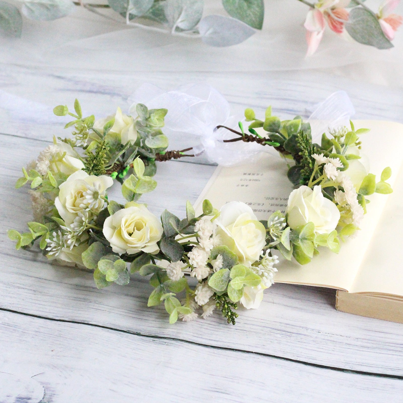 Forest style curled edge rose headband simulated starry sky flower wreath bride&
