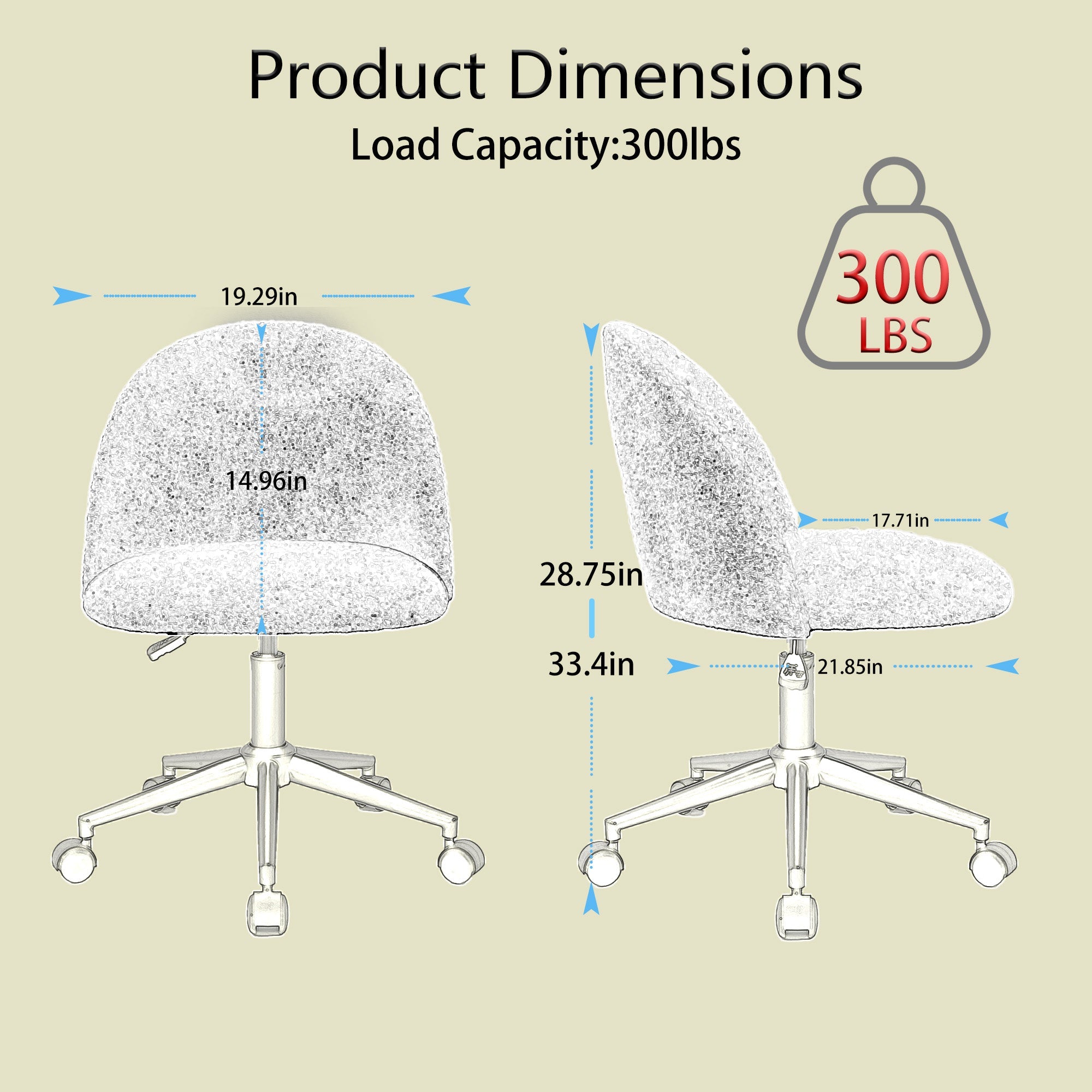 Velvet fabric office chair, mid back adjustable rotating computer chair, black legs, cushioned office chair with wheels ,White