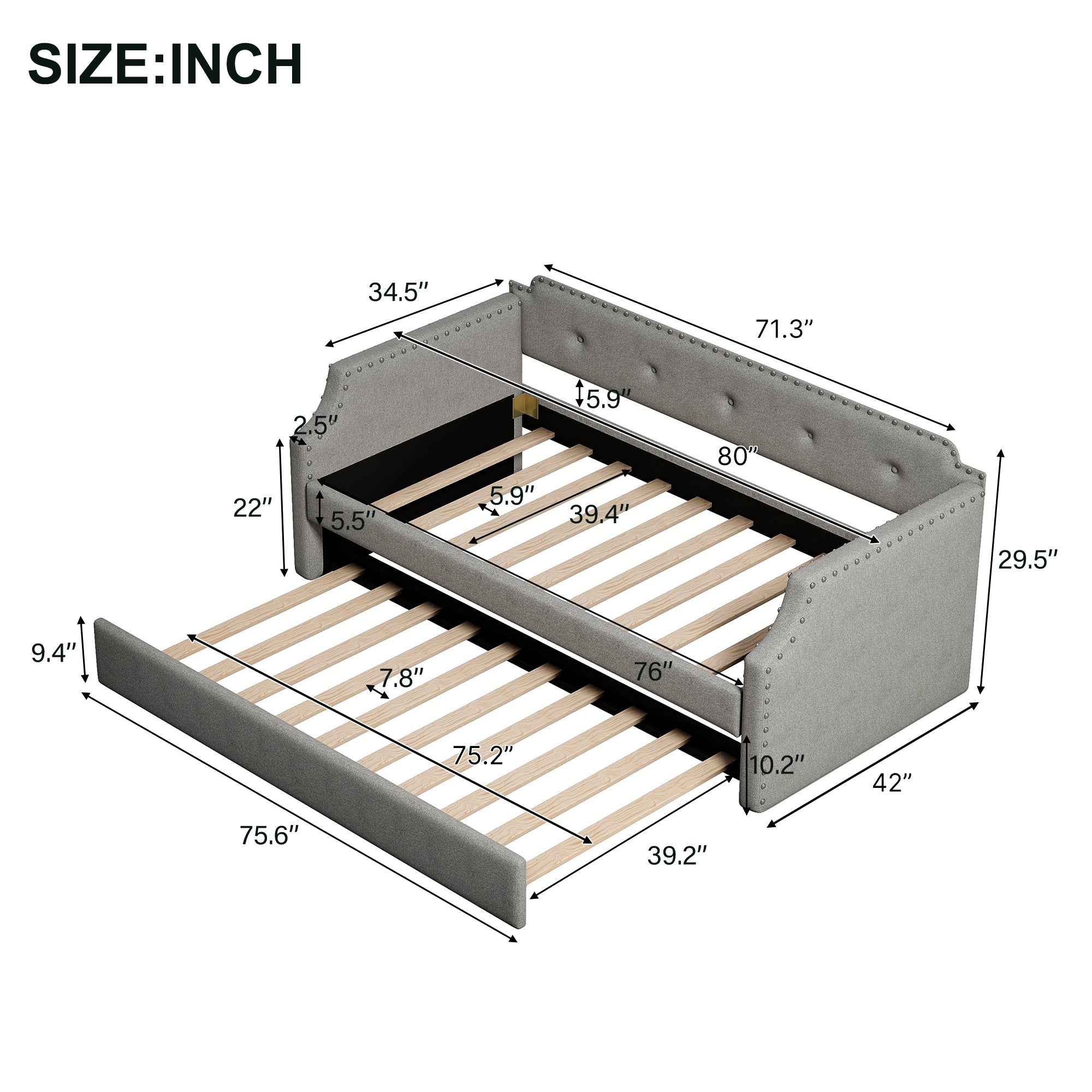 Upholstered Daybed with Trundle, Wood Slat Support,Upholstered Frame Sofa Bed Twin Gray