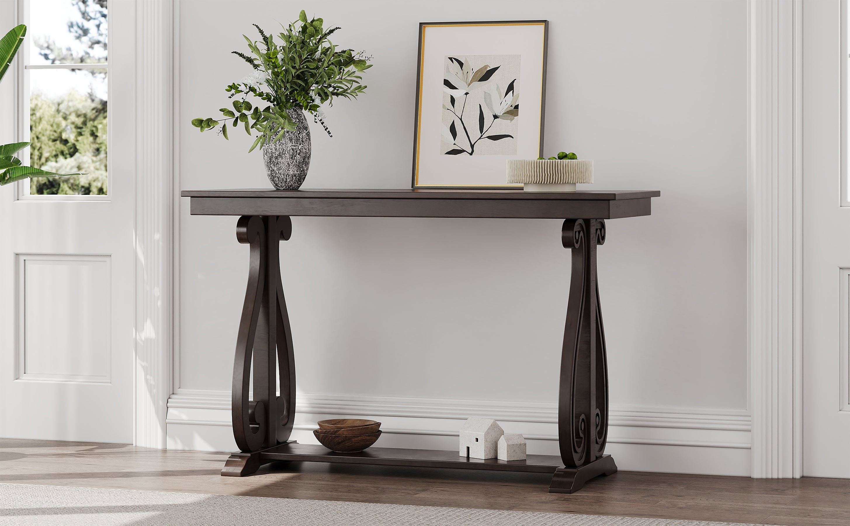 48-Inch Rustic Vintage Console Table --- Farmhouse Style Entryway Table with Open Shelf and Sturdy Construction (Espresso)