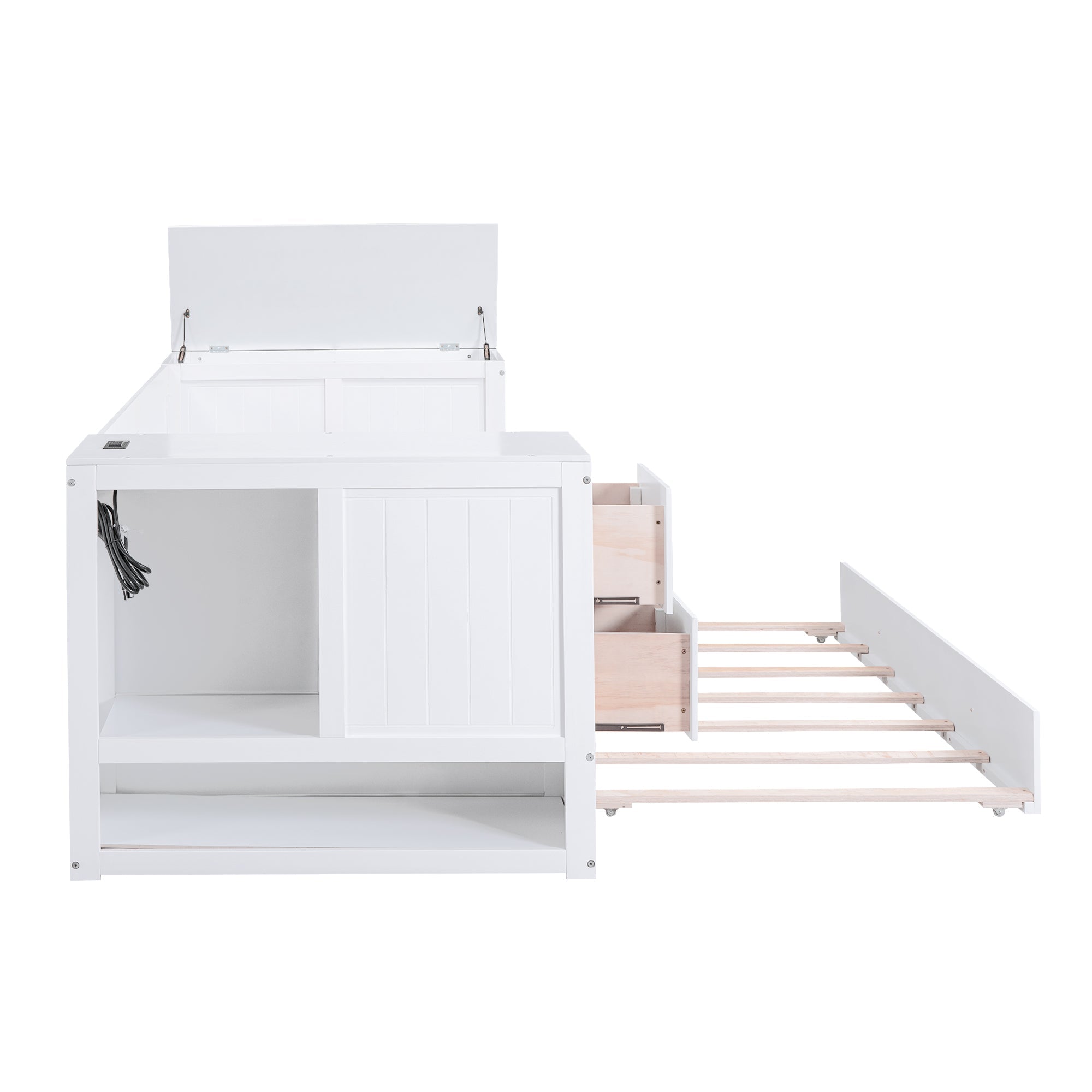 Twin Size Daybed with Storage Arms Trundle and Charging Station White