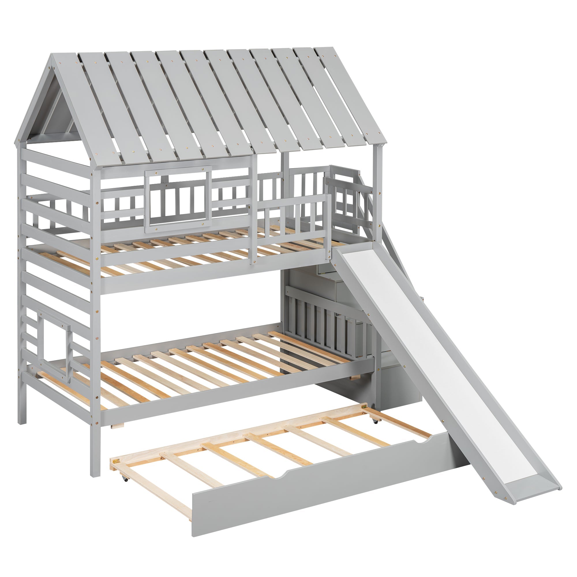 Twin over Twin House Bunk Bed with Trundle and Slide Storage Staircase, Roof and Window Design Gray