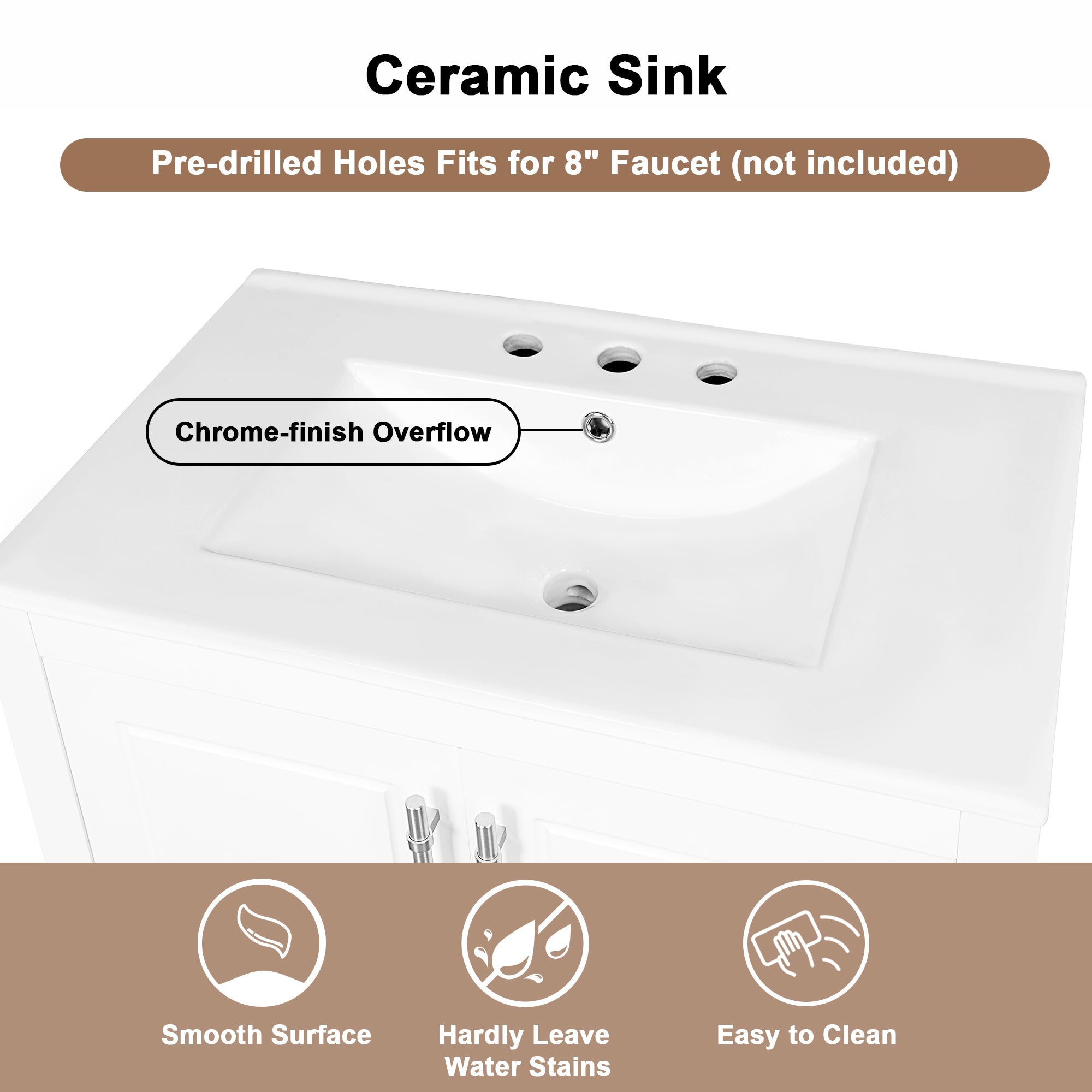 30" Bathroom Vanity with Sink Multi-functional Bathroom Cabinet with Doors and Drawers Solid Frame and MDF Board, White