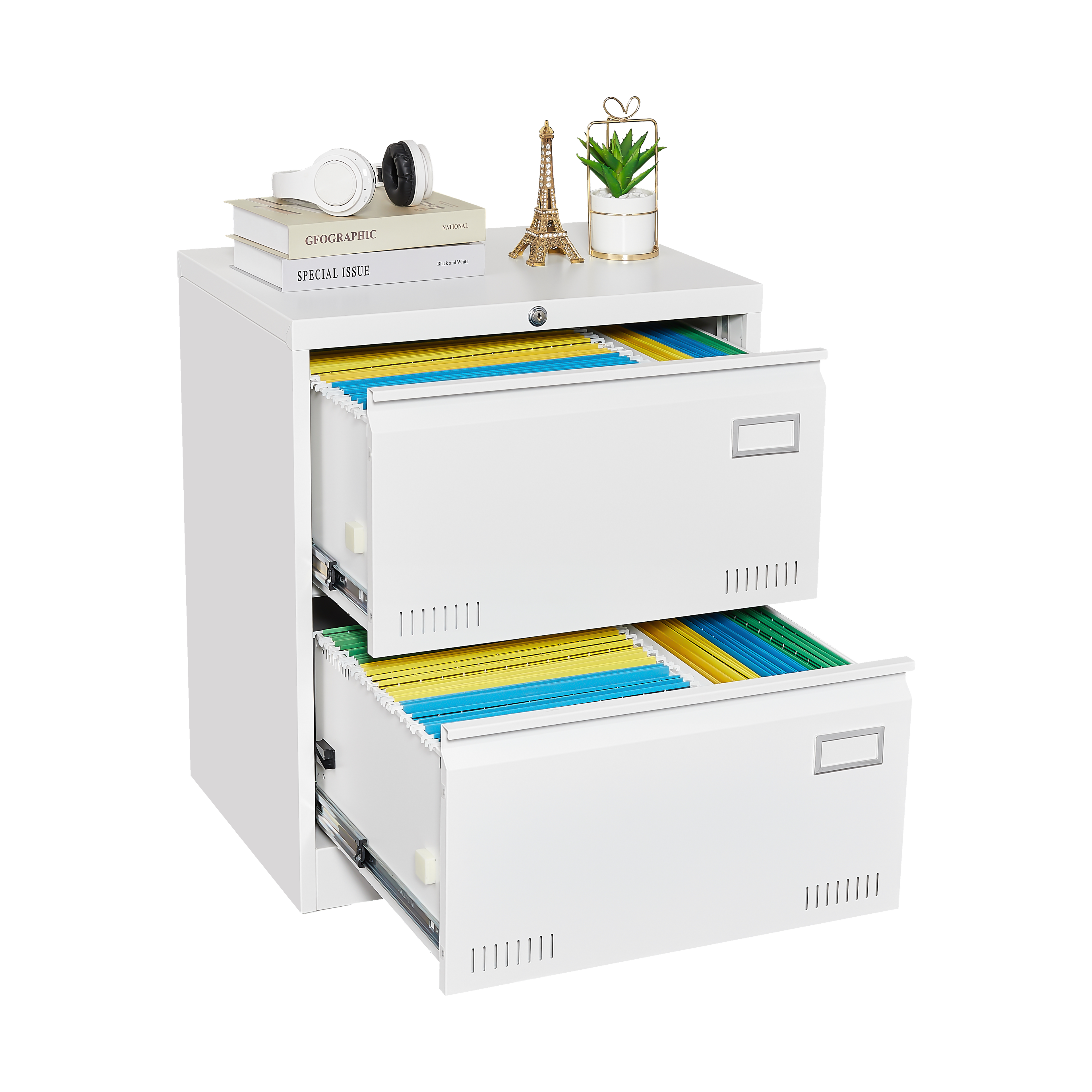 Horizontal file cabinet, 2 drawers, white file cabinet with lock, metal file cabinet with lock, 3 drawers, legal office cabinet