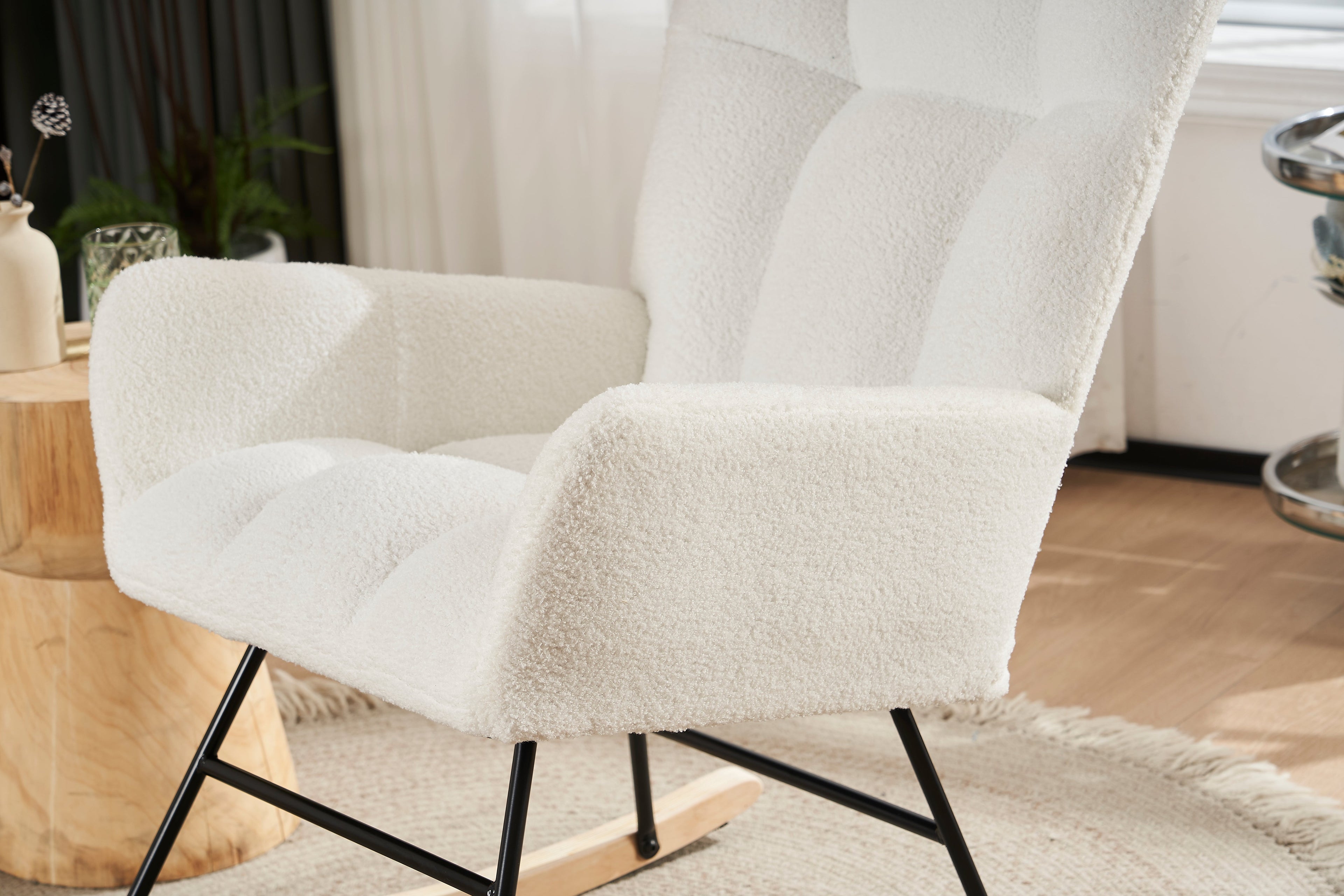 Rocking Chair Nursery solid wood leg reading chair Teddy fabric cushion with Nap armchair white Teddy fabric