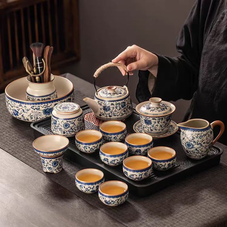 Blue and white rice yellow Ru kiln Kung Fu tea set household ceramic teapot