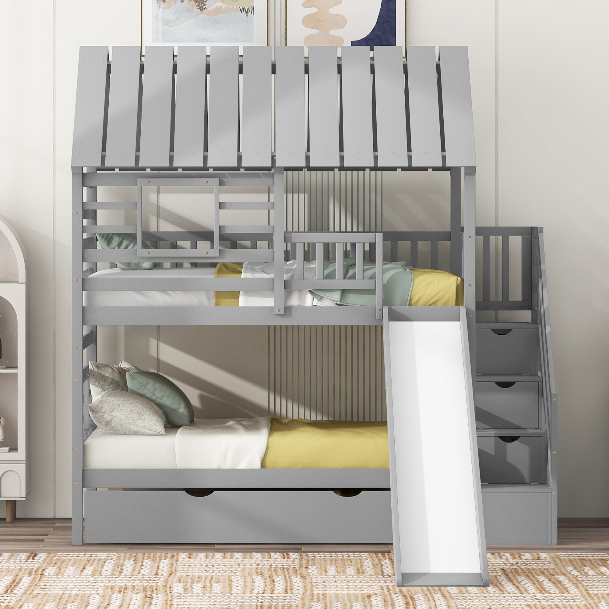 Twin over Twin House Bunk Bed with Trundle and Slide Storage Staircase, Roof and Window Design Gray
