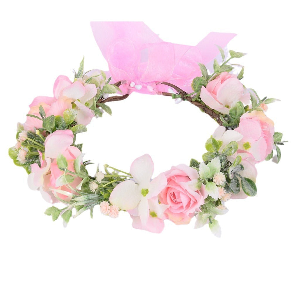 Spring flower wreath, fresh simulation flower headdress, green plants, flowers, crown, bride&