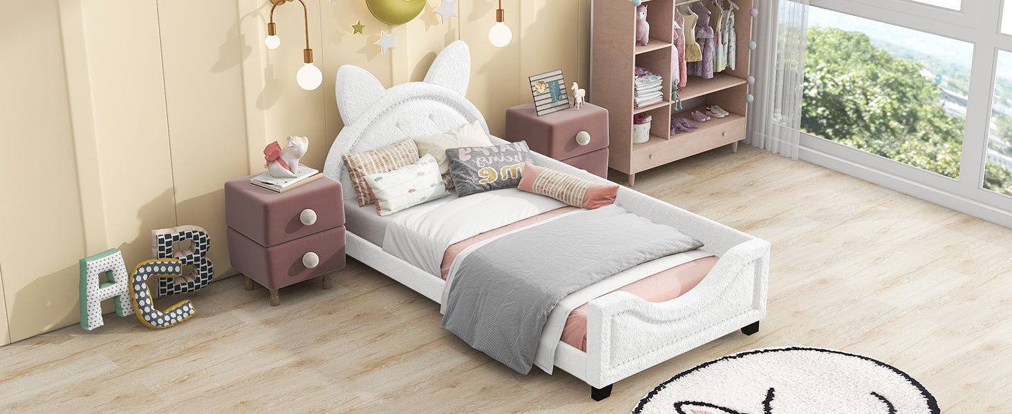 Teddy Fleece Twin Size Upholstered Daybed with Carton Ears Shaped Headboard White