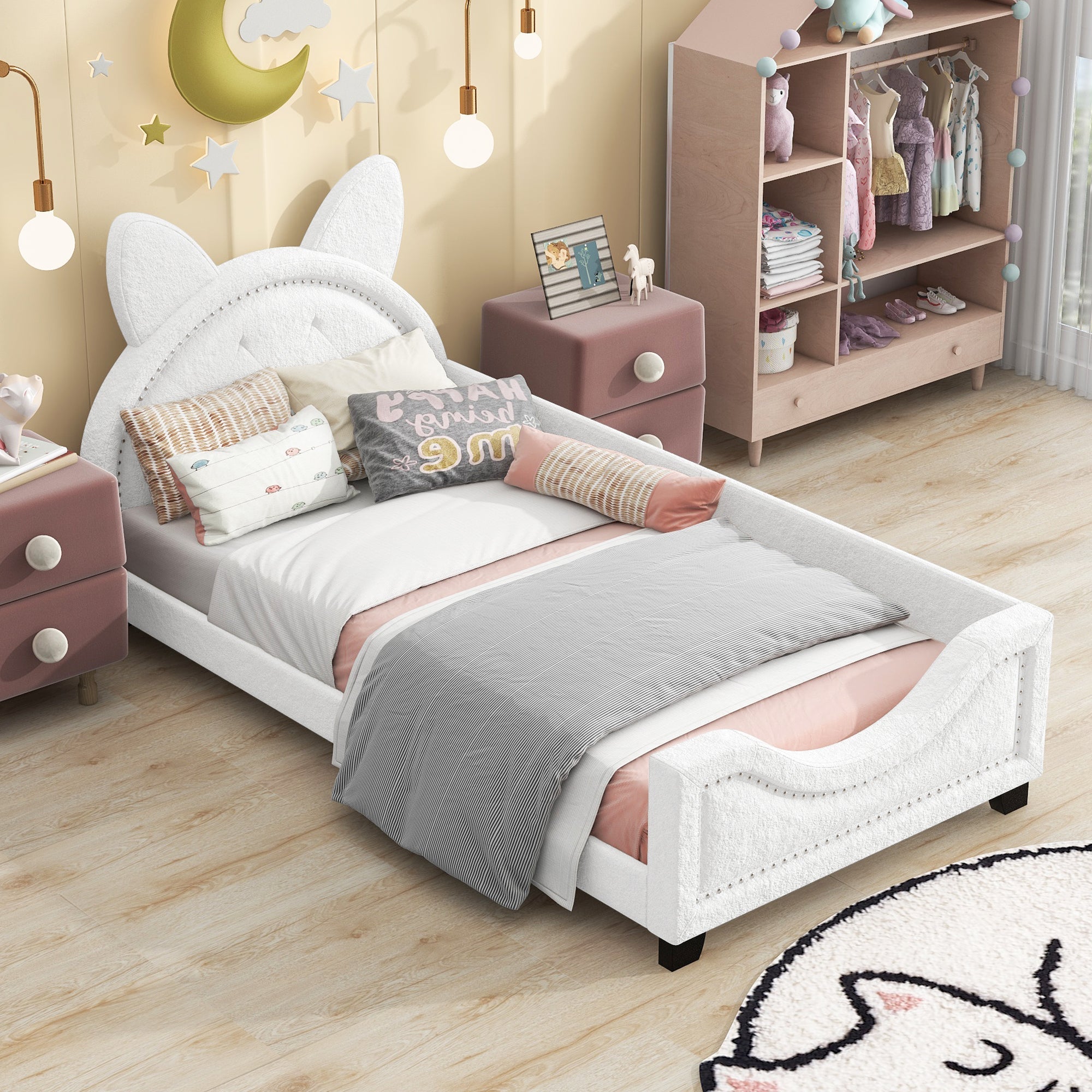 Teddy Fleece Twin Size Upholstered Daybed with Carton Ears Shaped Headboard White