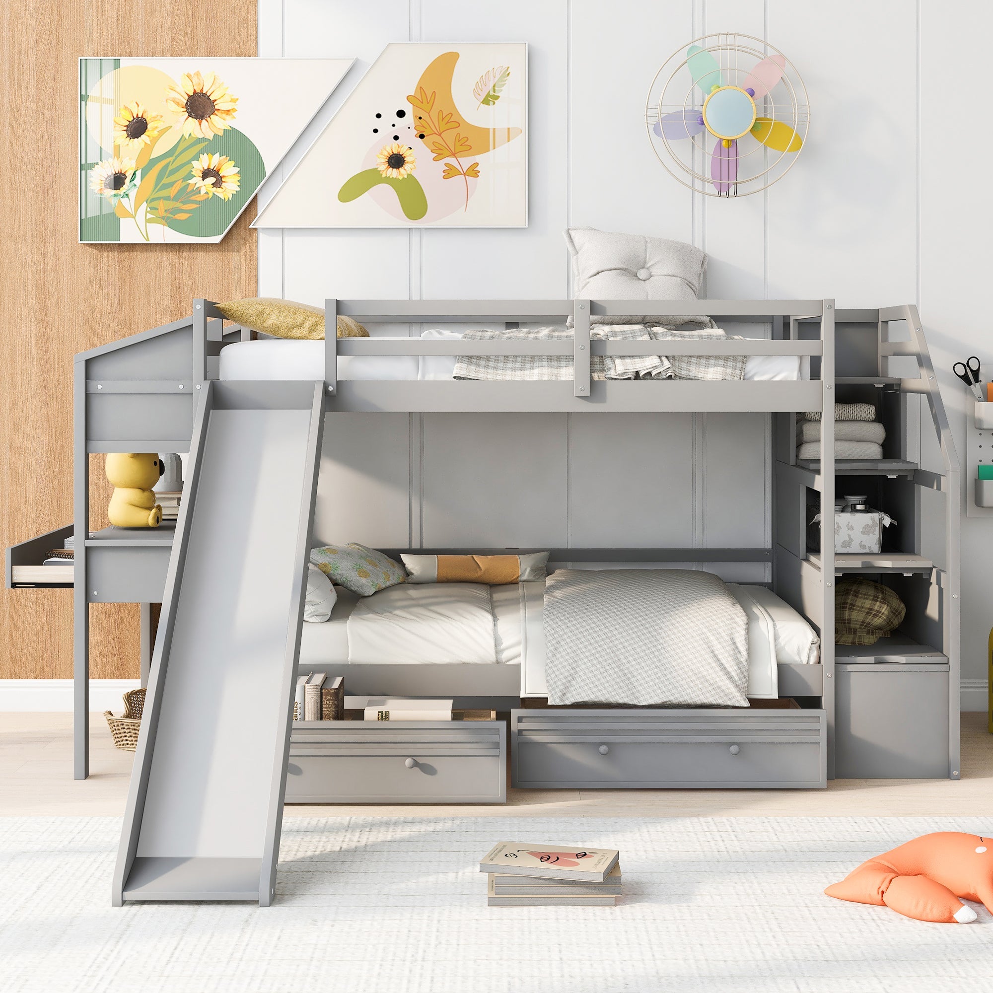 Twin over Twin Bunk Bed with Storage Staircase, Slide and Drawers, Desk with Drawers and Shelves Gray