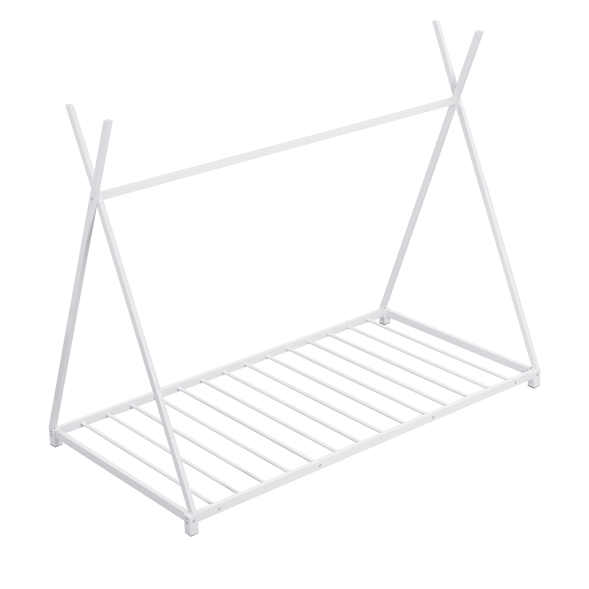 Metal Twin Size House Platform Bed with Triangle Structure White