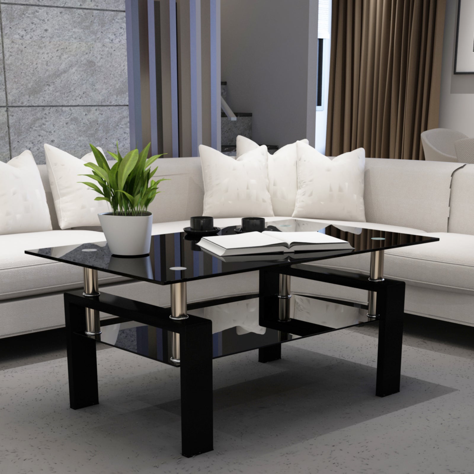 Rectangle Black Glass Coffee Table Clear Coffee Table Modern Side Center Tables for Living Room Living Room Furniture