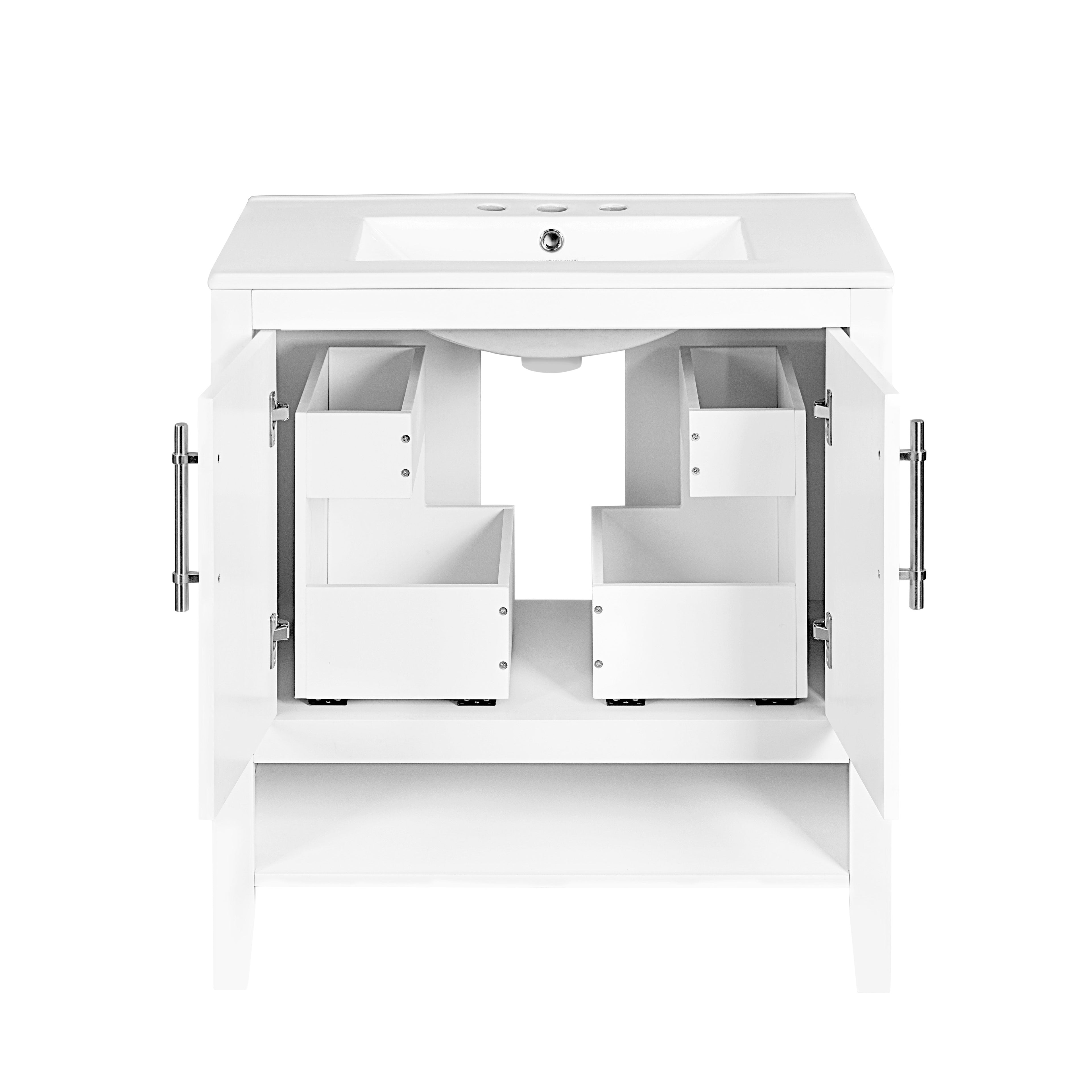 30" Bathroom Vanity with Sink Multi-functional Bathroom Cabinet with Doors and Drawers Solid Frame and MDF Board, White