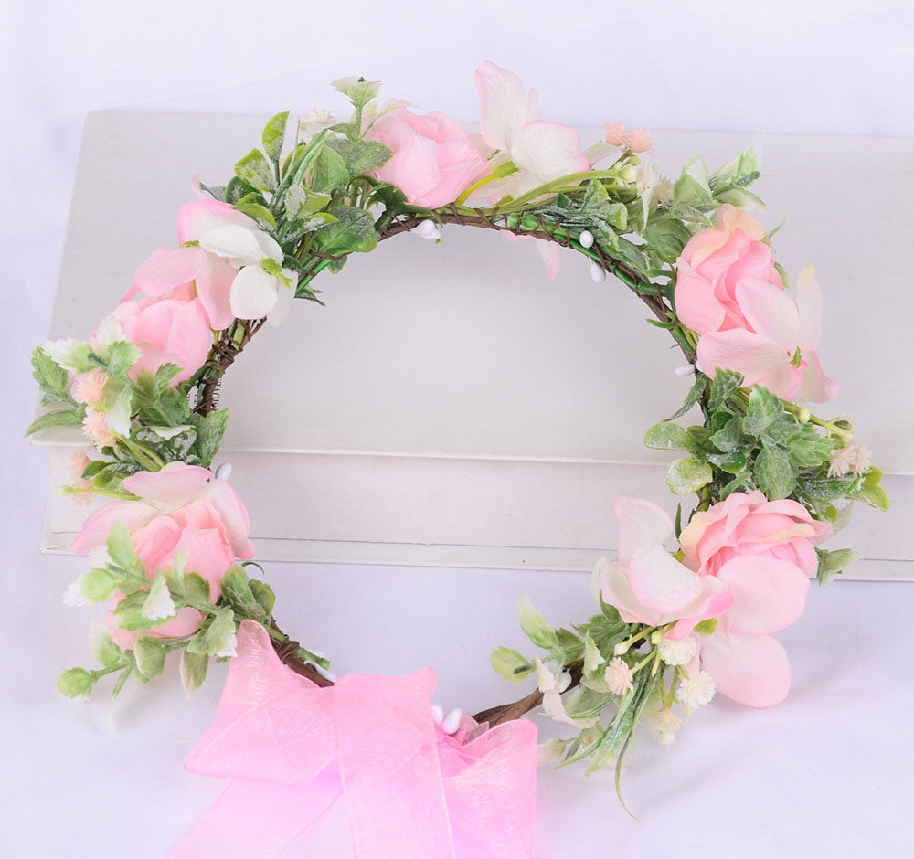 Spring flower wreath, fresh simulation flower headdress, green plants, flowers, crown, bride&