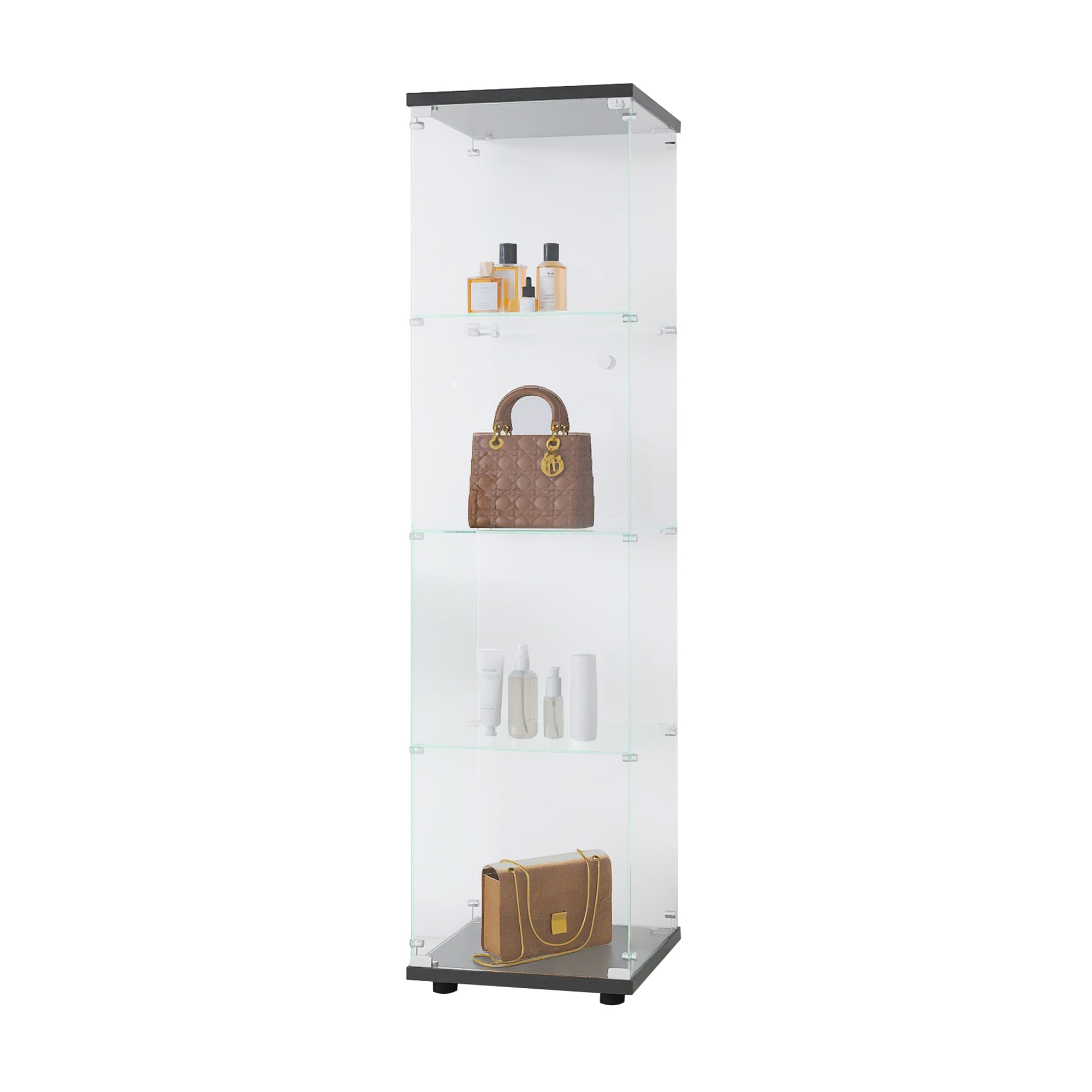 4 glass display cabinets with door shelves, floor standing antique bookshelf, 64.7 "* 16.7" * 14.3 ", black