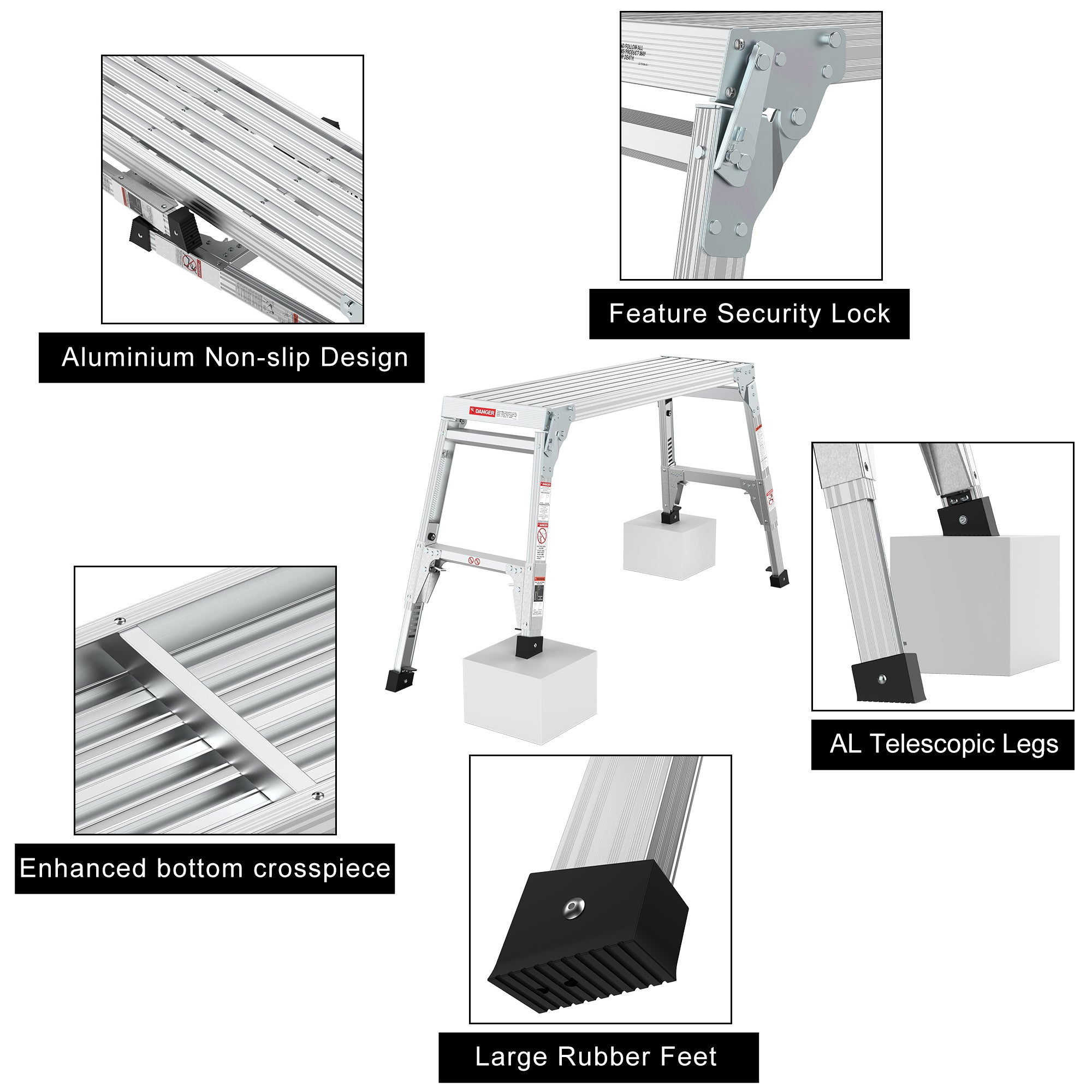 Aluminum Work Platform Large Size Step Stool Folding Portable Work Bench 40" Width Telescopic Feet 22" -27.5" Height Adjustable