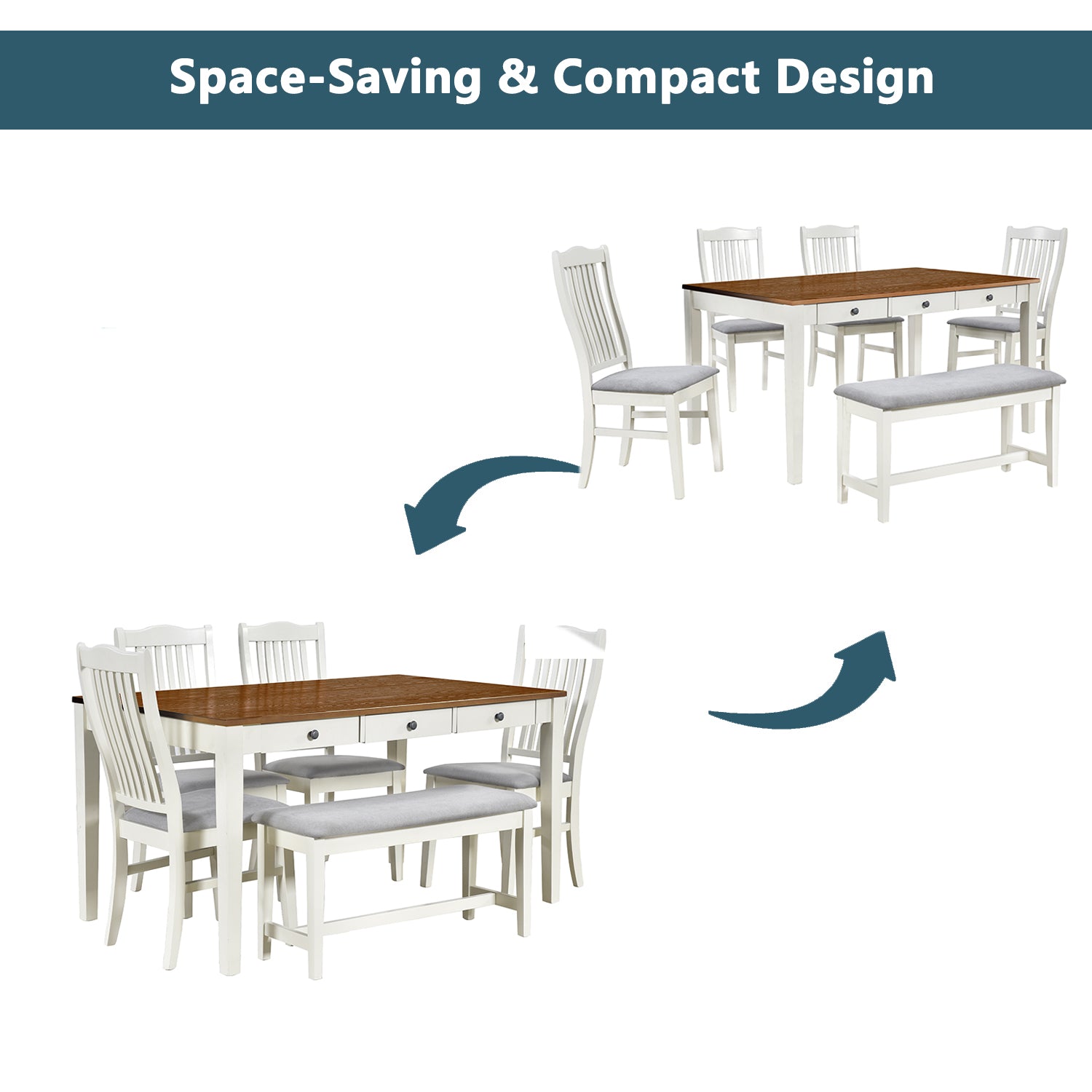 TOPMAX Mid-Century 6-Piece Wood Dining Table Set, Kitchen Table Set with Drawer Upholstered Chairs and Bench Butter Milk