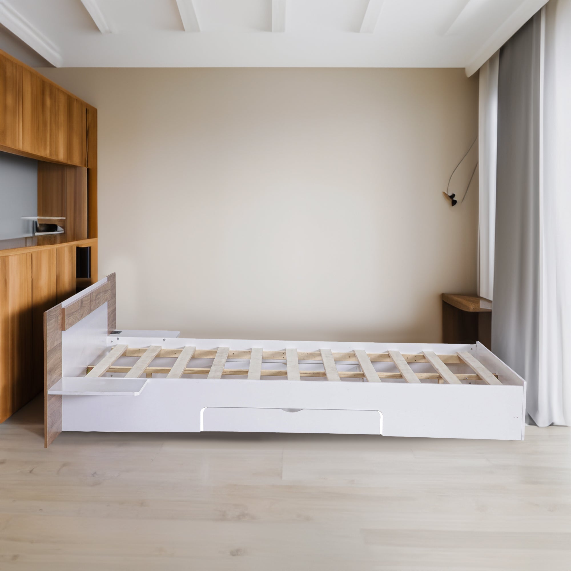 Queen Size Platform Bed with Headboard, Drawers, Shelves, USB Ports and Sockets White