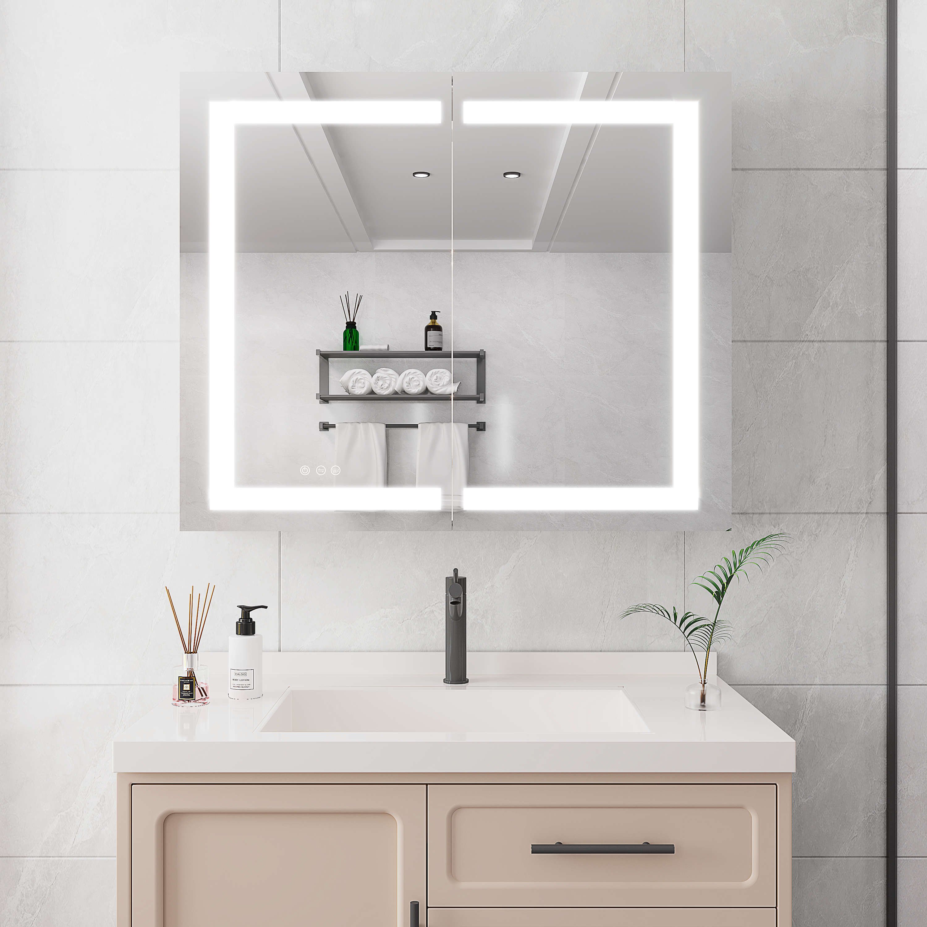 36 x 30 inch Medicine Cabinet with LED Vanity Mirror Anti-Fog Recessed or Surface Mount Waterproof DimmableAluminum 3000K~6000K Lighted Double Door Bathroom Cabinet with Touch Switch