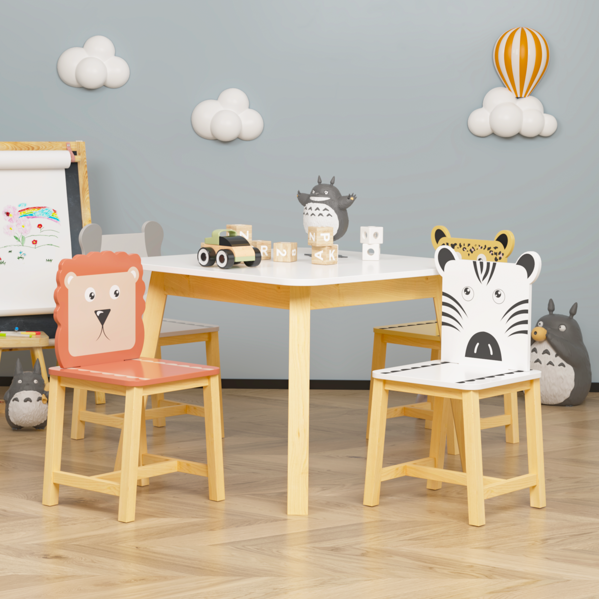 5 Piece Kiddy Table and Chair Set Kids Wood Table with 4 Chairs Set Cartoon Animals (bigger table) (3-8 years old)