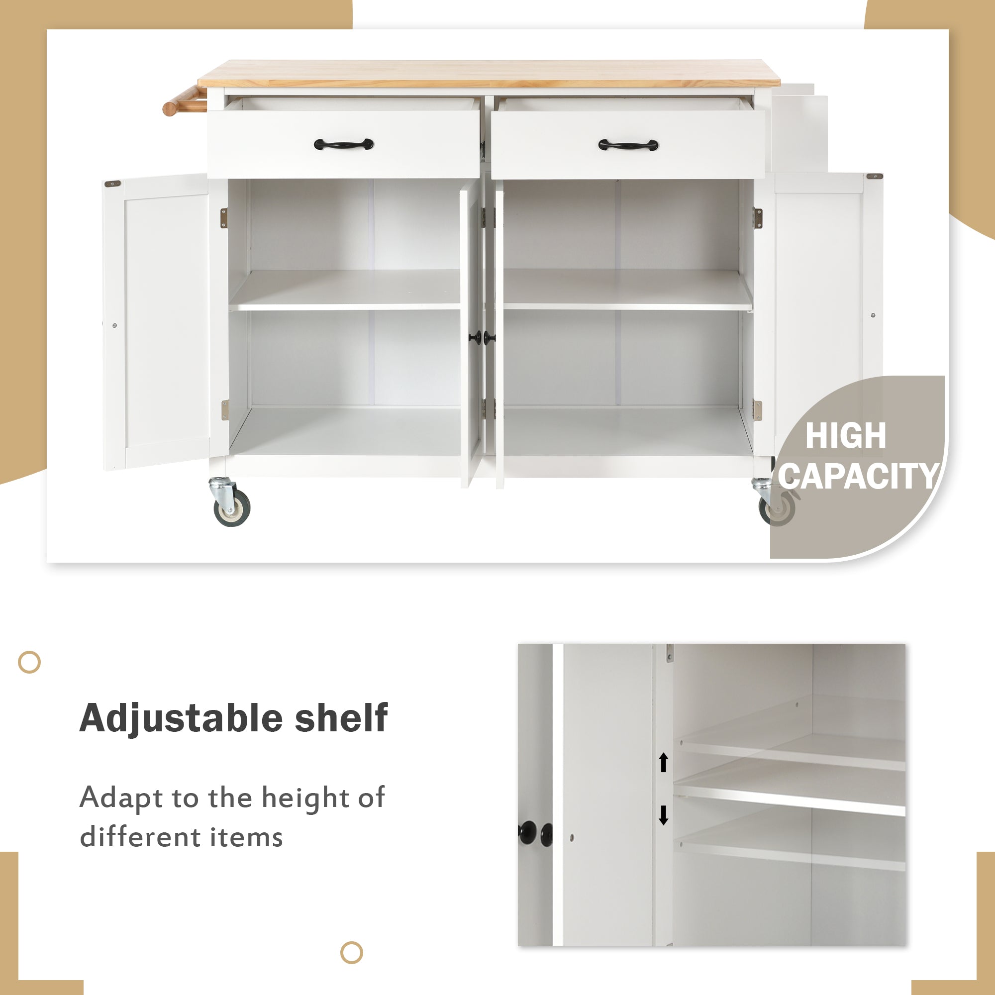 Kitchen Island Cart with Solid Wood Top and Locking Wheels 54.3 Inch Width (White)