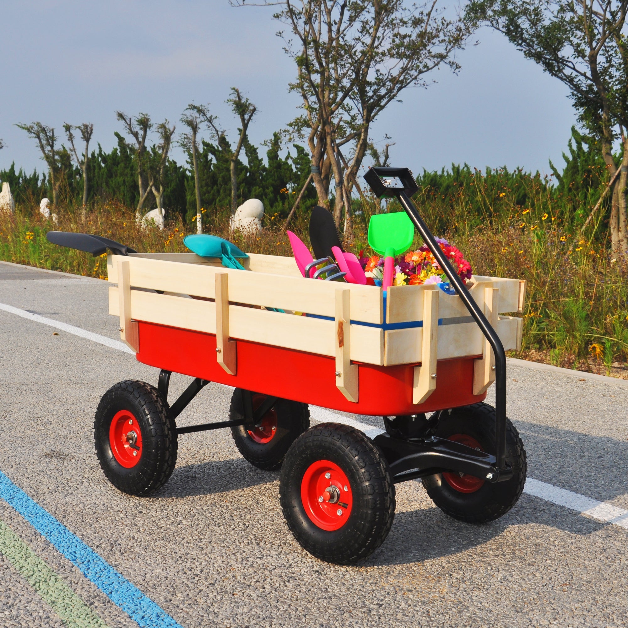 Outdoor Wagon All Terrain Pulling w/Wood Railing Air Tires Children Kid Garden(Red)