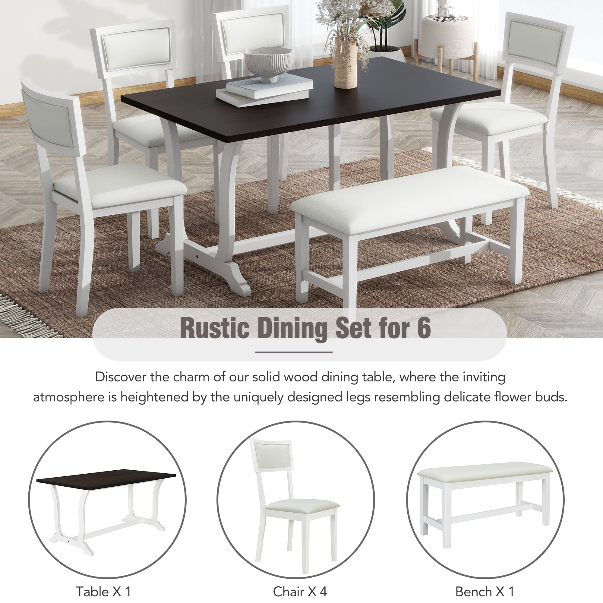 TOPMAX Farmhouse 6-Piece Trestle Dining Table Set with Upholstered Dining Chairs and Bench 59inch, White