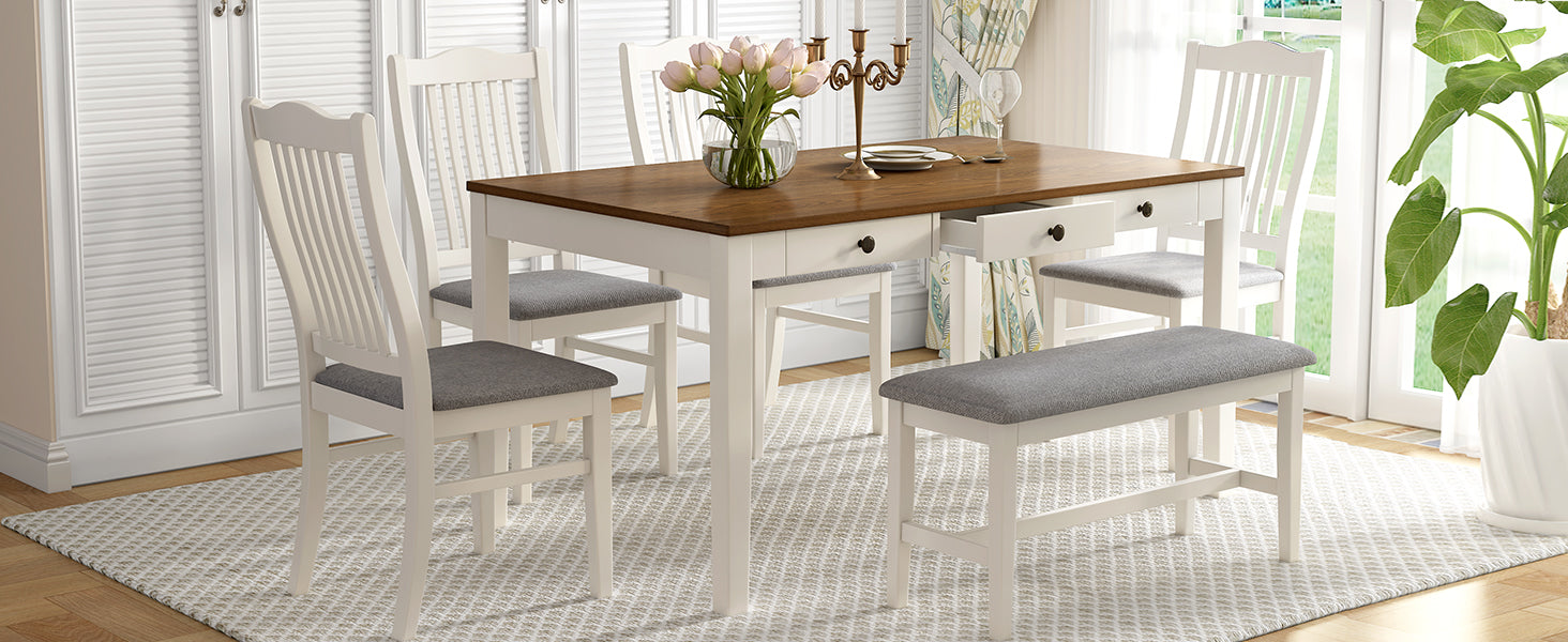 TOPMAX Mid-Century 6-Piece Wood Dining Table Set, Kitchen Table Set with Drawer Upholstered Chairs and Bench Butter Milk