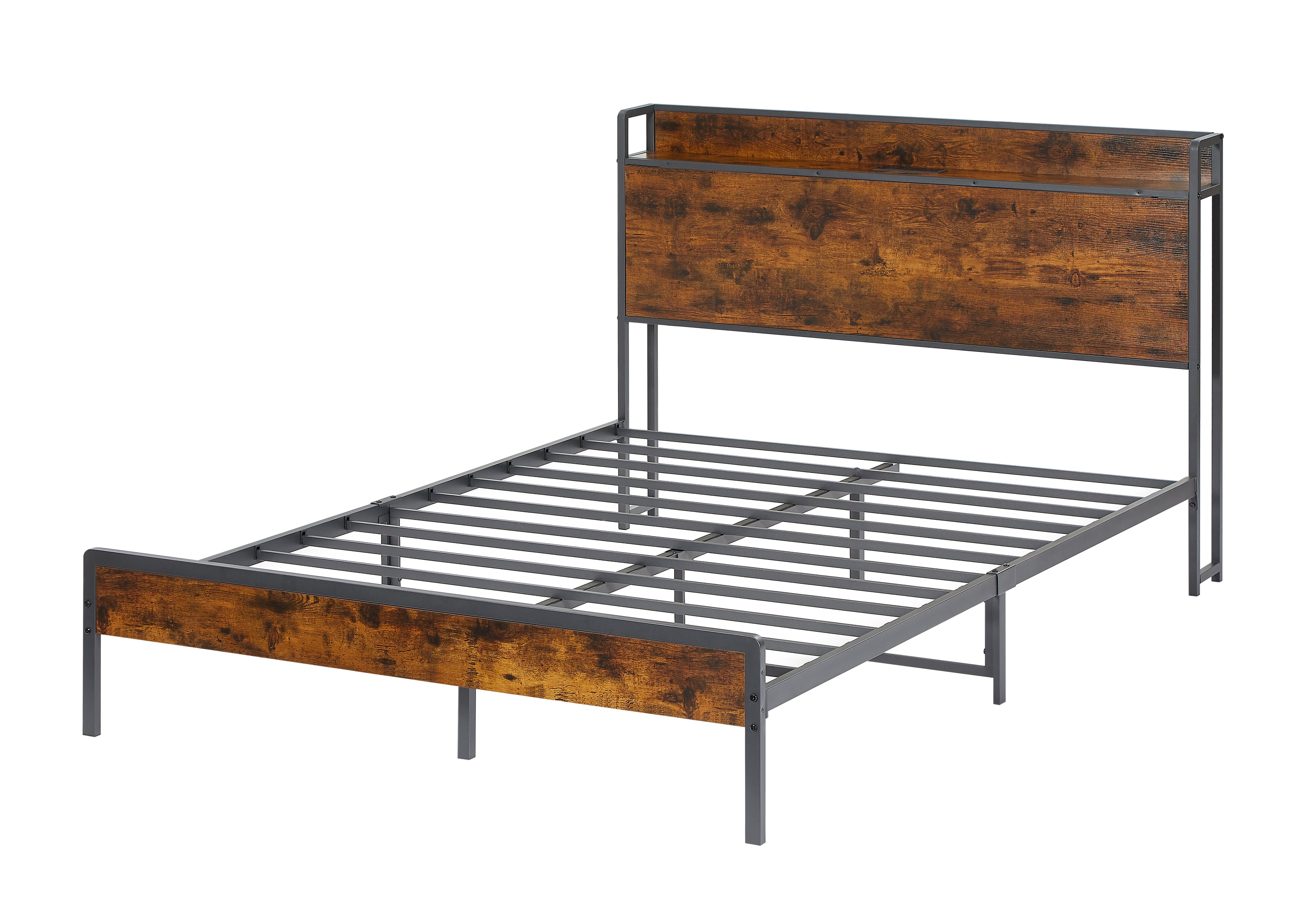 Bed frame with charging station full size, Rustic Brown, 83.1&