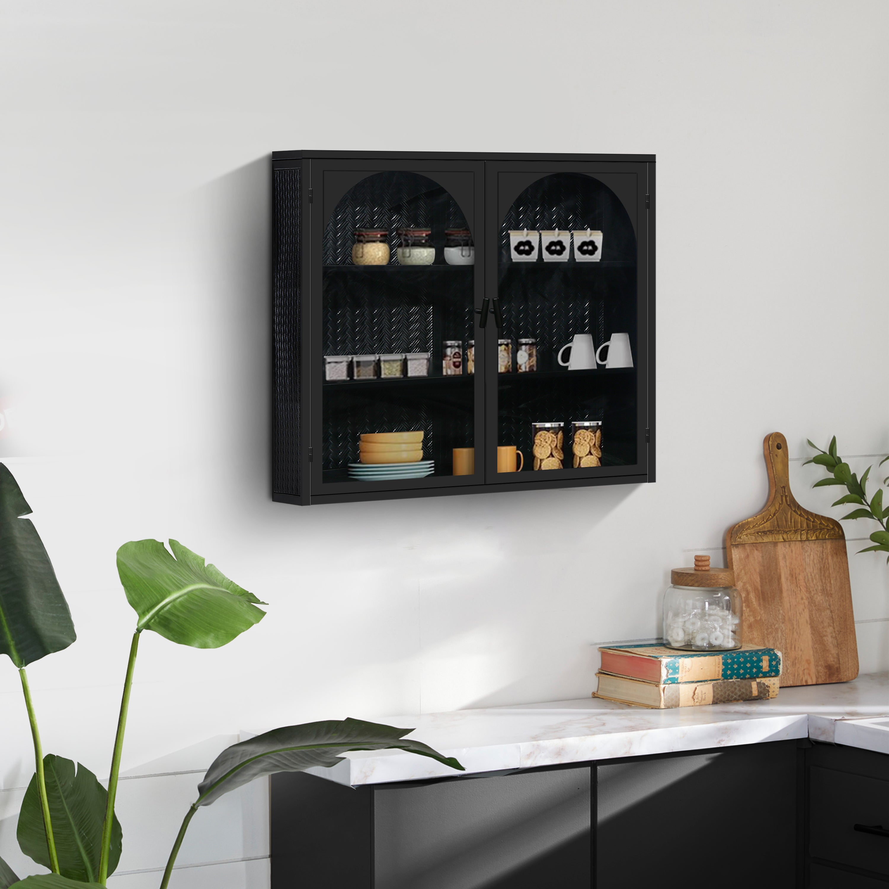 27.56"Glass Doors Modern Two-door Wall Cabinet with Featuring Three-tier Storage Black