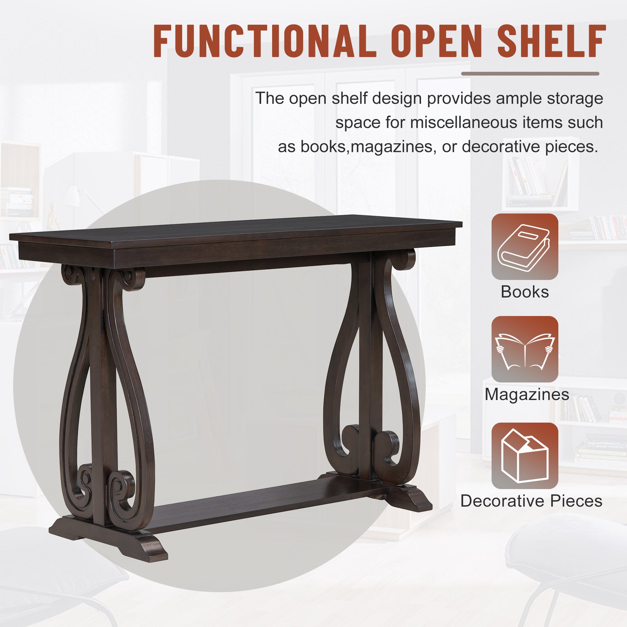 48-Inch Rustic Vintage Console Table --- Farmhouse Style Entryway Table with Open Shelf and Sturdy Construction (Espresso)