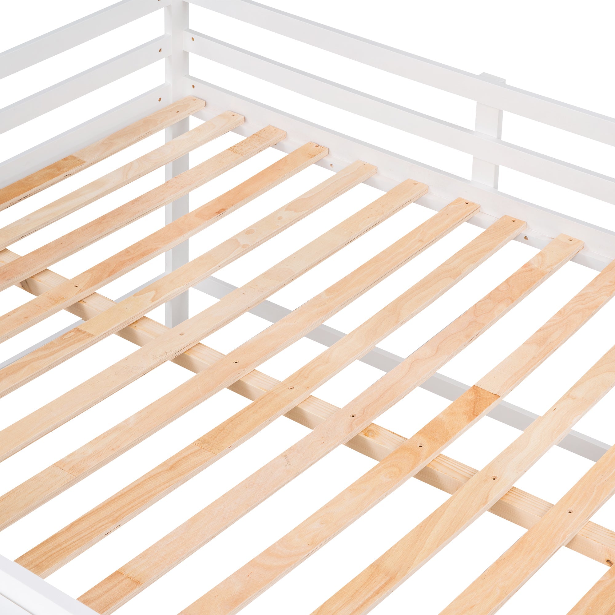 Full Size Low Loft Bed with Rolling Portable Desk, Drawers and Shelves, White