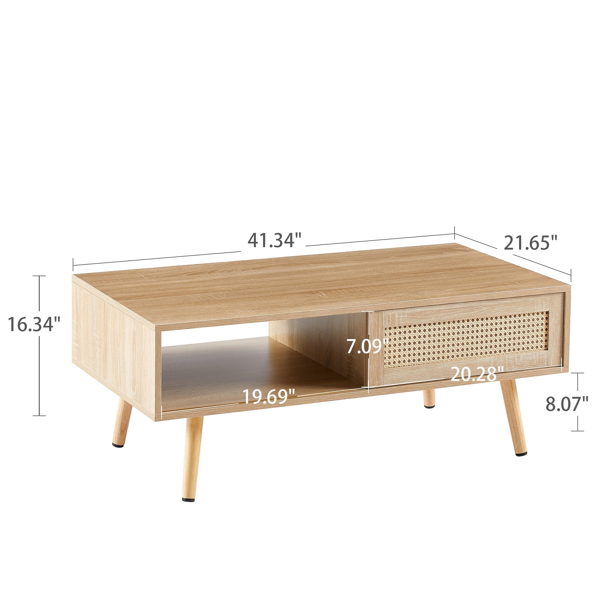 41.34" Rattan Coffee table sliding door for storage solid wood legs Modern table for living room natural
