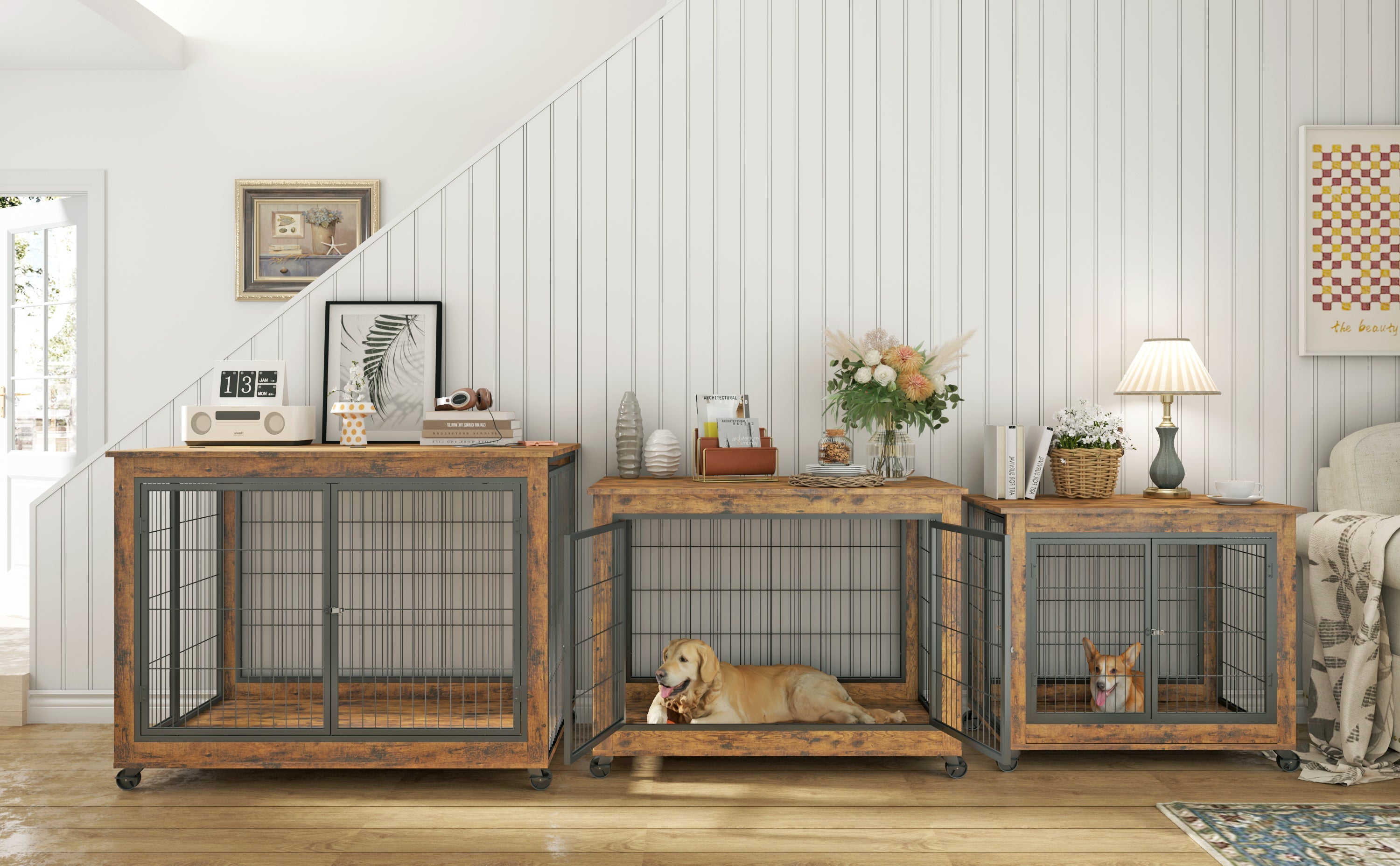 Furniture Style Dog Crate Side Table on Wheels with Double Doors and Lift Top. Rustic Brown, 43.7&