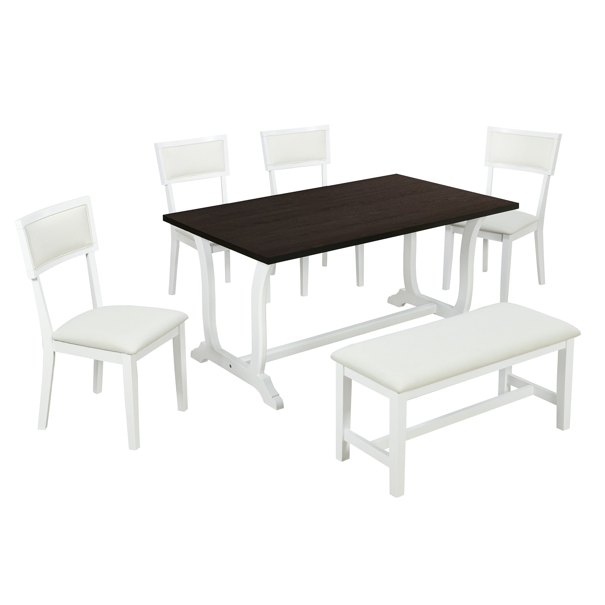 TOPMAX Farmhouse 6-Piece Trestle Dining Table Set with Upholstered Dining Chairs and Bench 59inch, White